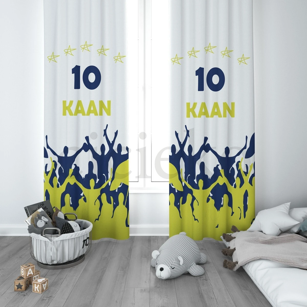 Sarı Lacivert Baba Oğul Taraftar 5'li Set Halı, Perde, Nevresim, Avize, Kırlent Kılıfı