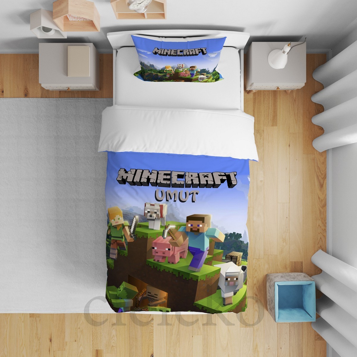 Minecraft 5'li Set Halı, Perde, Yatak Örtüsü, Avize, Kırlent Kılıfı