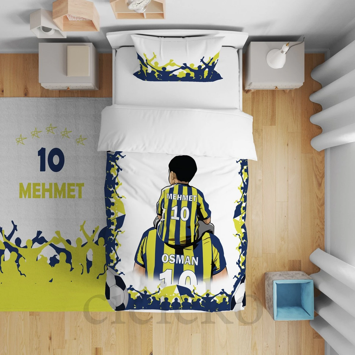 Sarı Lacivert Baba Oğul Taraftar 5'li Set Halı, Perde, Nevresim, Avize, Kırlent Kılıfı