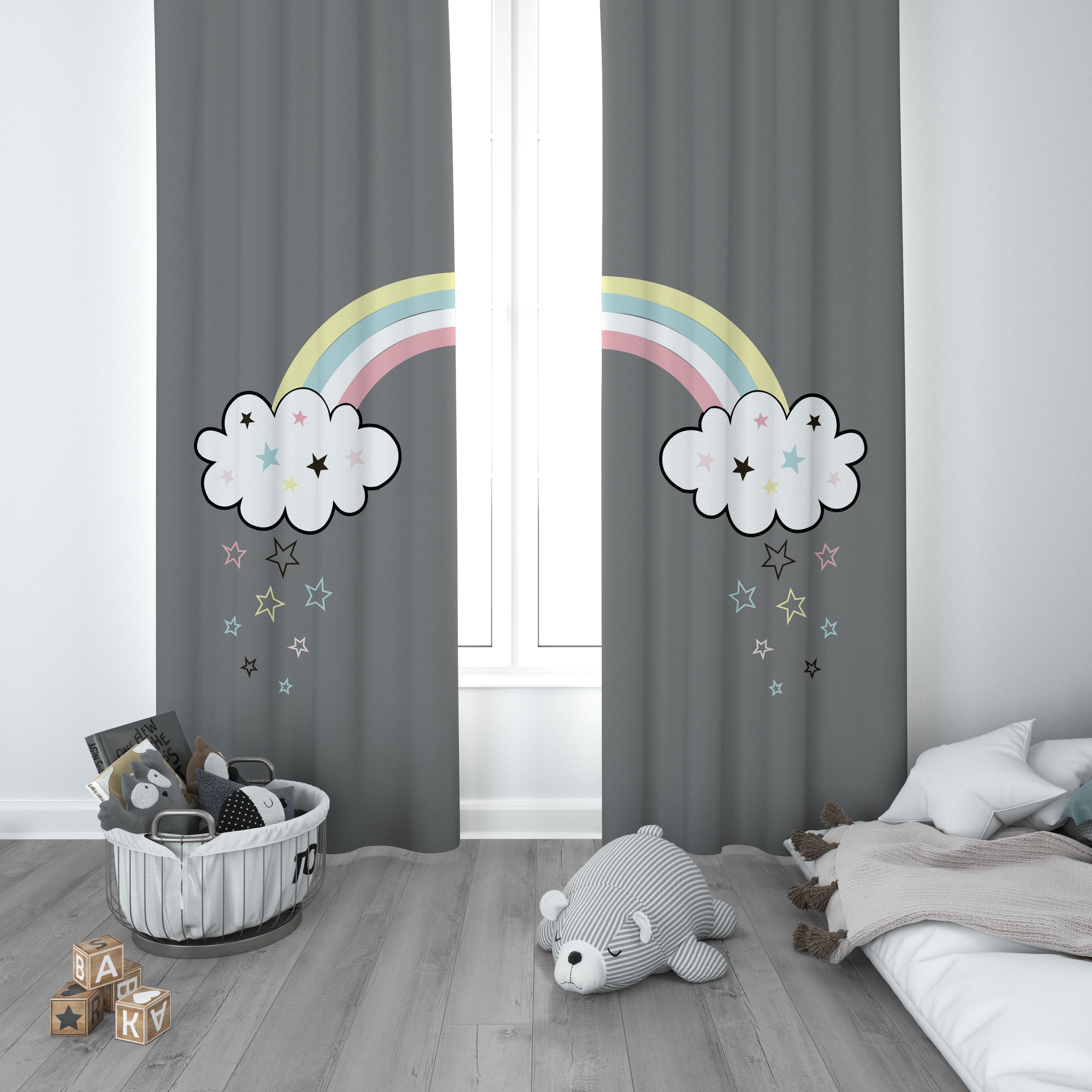 Unicorn Gökkuşağı Yıldızlar Çocuk Odası Perdesi 1 Kanat