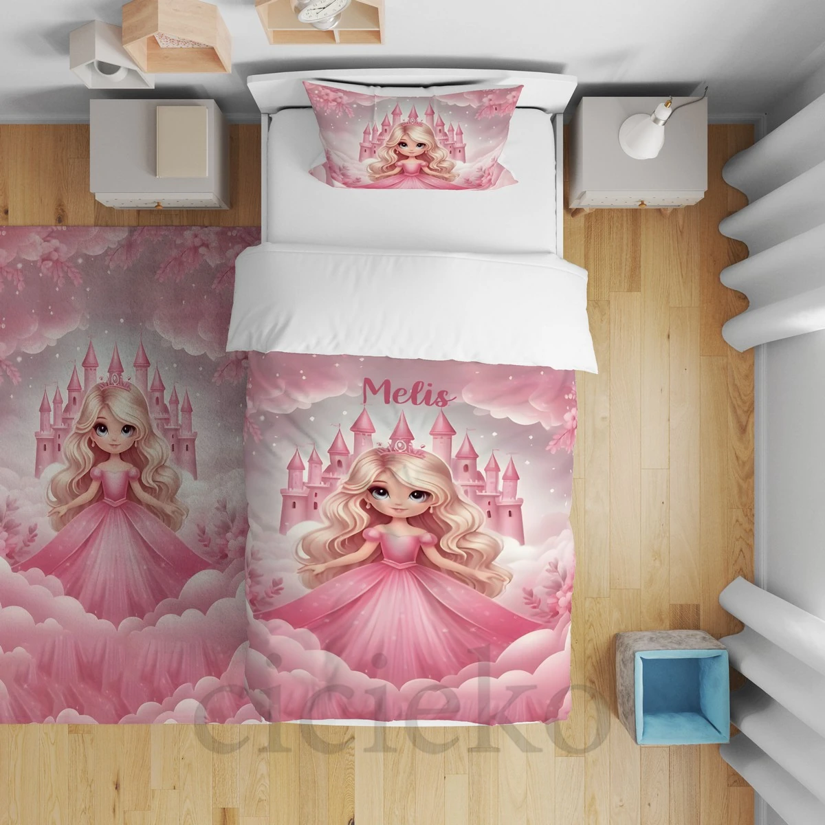 Koyu Pembe Prenses Şato Çocuk Odası Yatak Örtüsü 