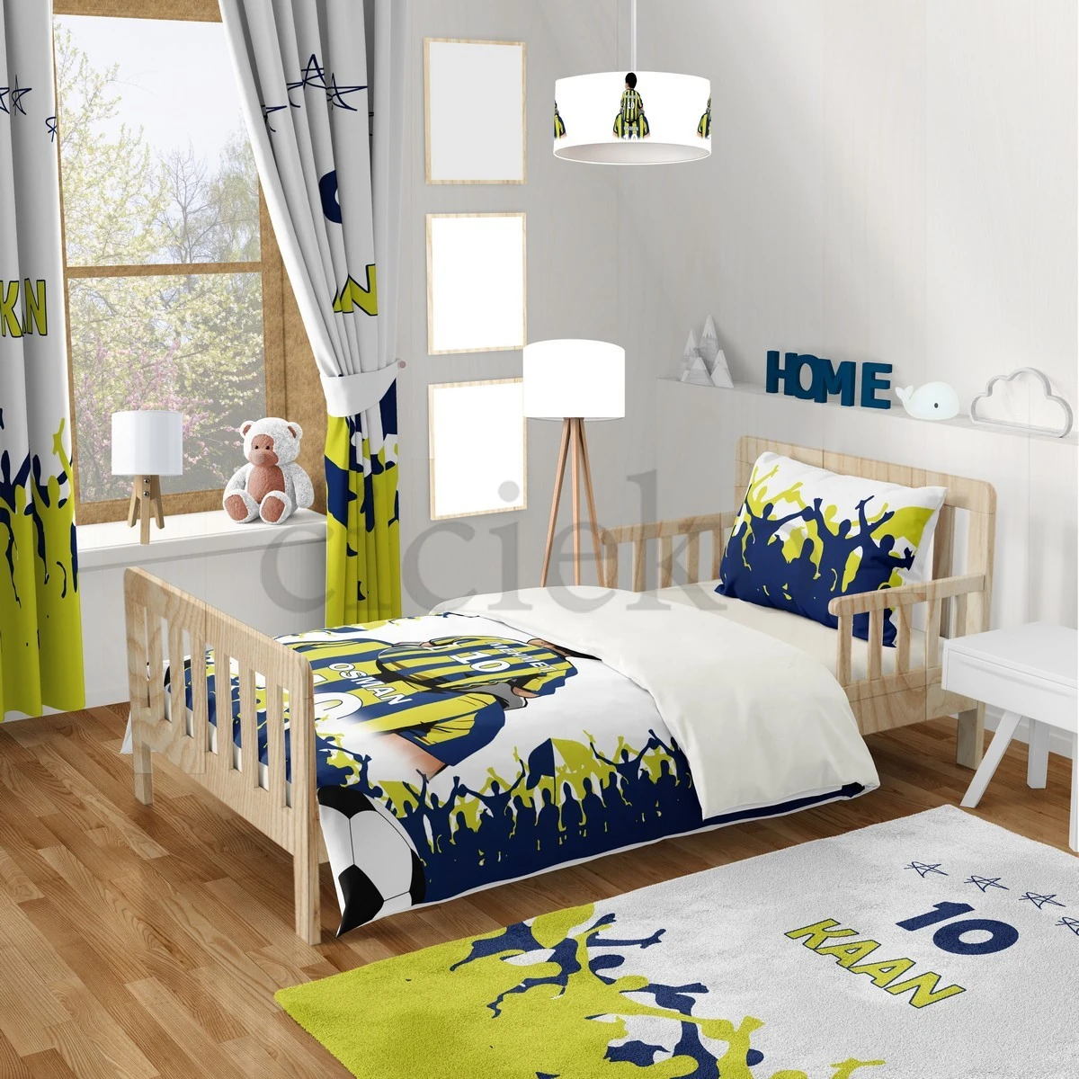 Sarı Lacivert Baba Oğul Taraftar 5'li Set Halı, Perde, Nevresim, Avize, Kırlent Kılıfı