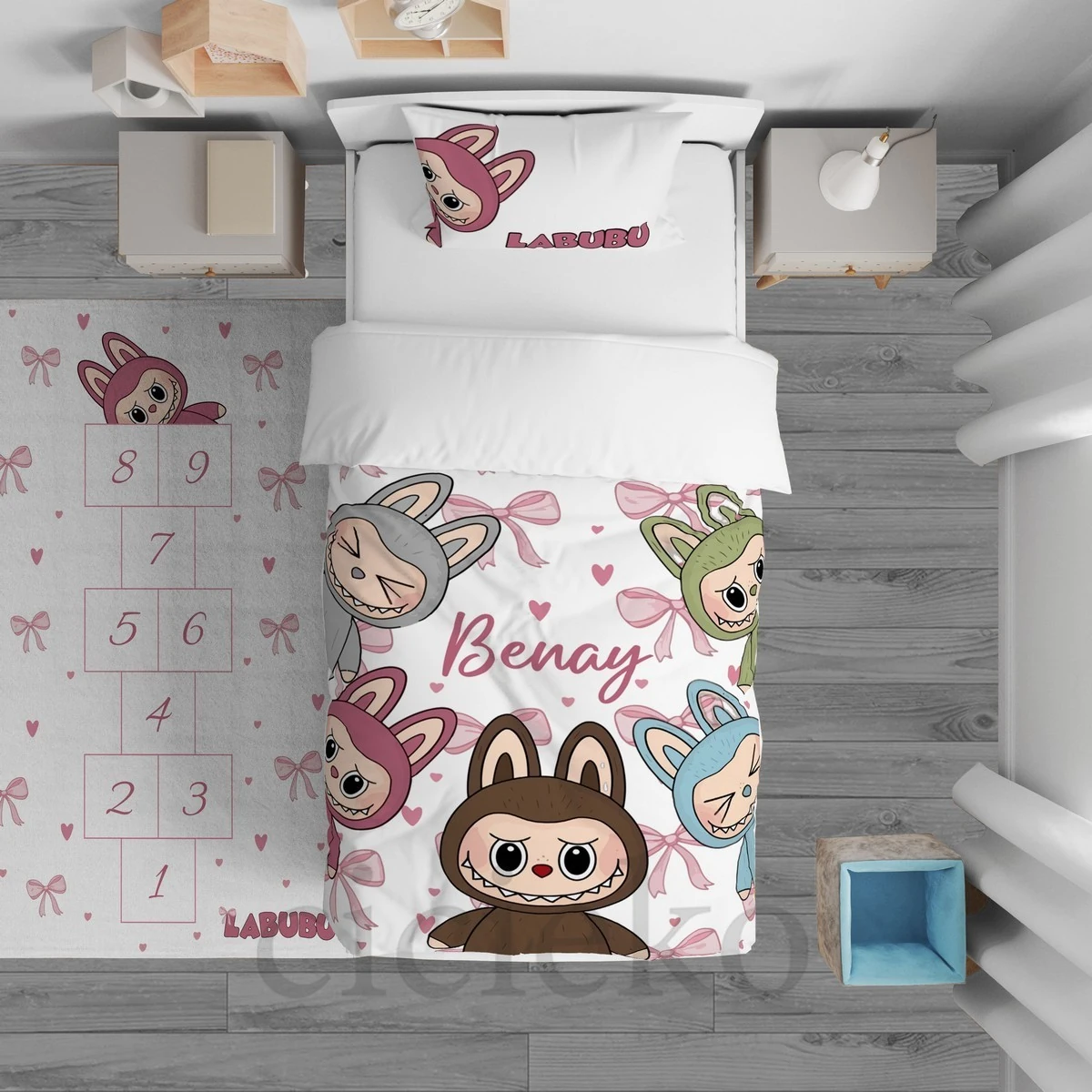 Beyaz Labubu  5'li Set Halı, Perde, Nevresim, Avize, Kırlent Kılıfı