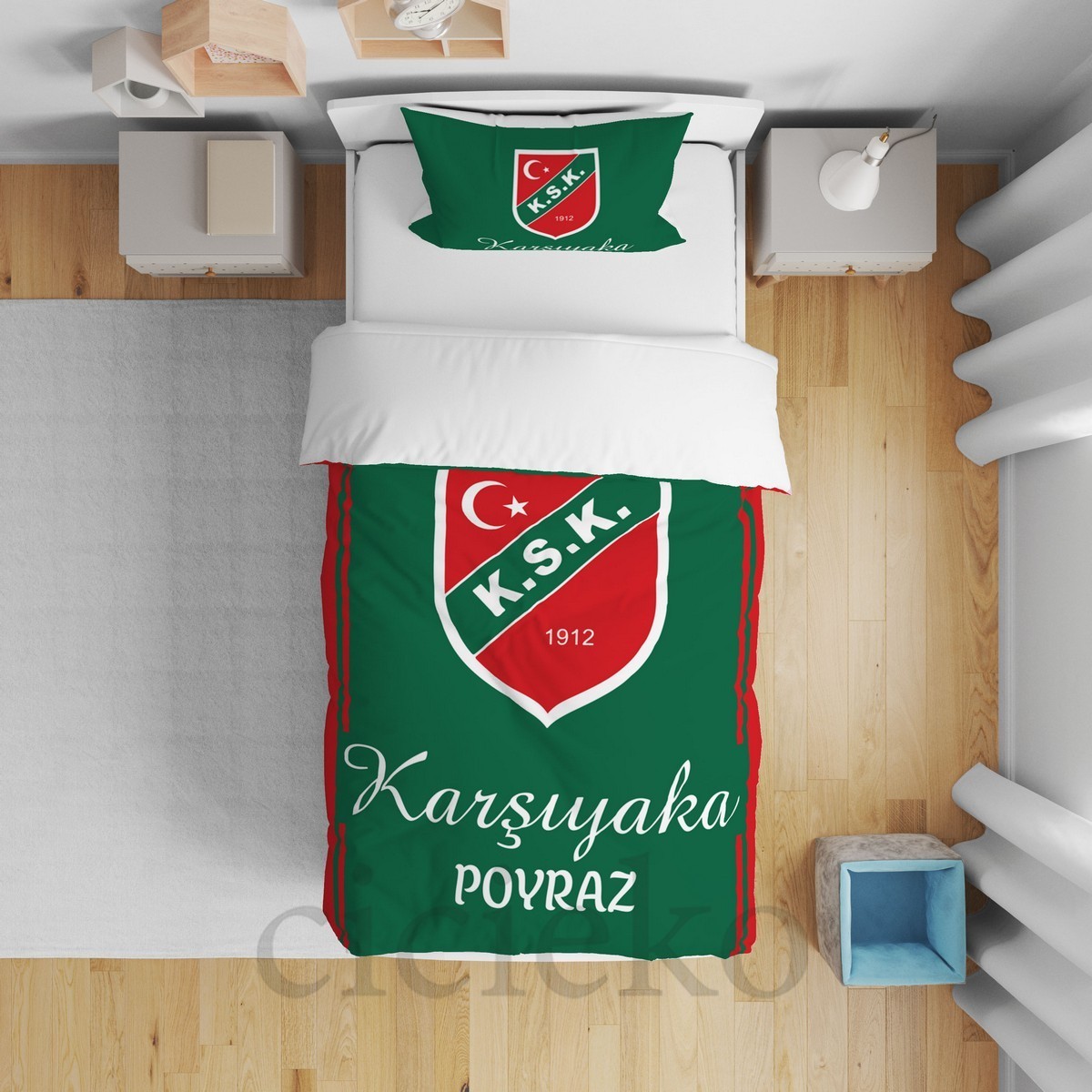 KarşıyakaSpor 5'li Set Halı, Perde, Yatak Örtüsü, Avize, Kırlent Kılıfı