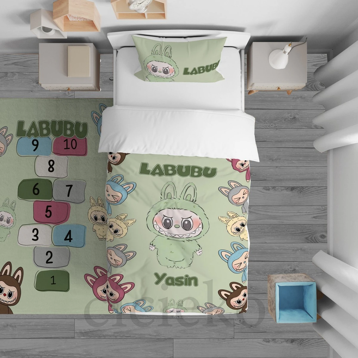 Yeşil Labubu 5'li Set Halı, Perde, Nevresim, Avize, Kırlent Kılıfı