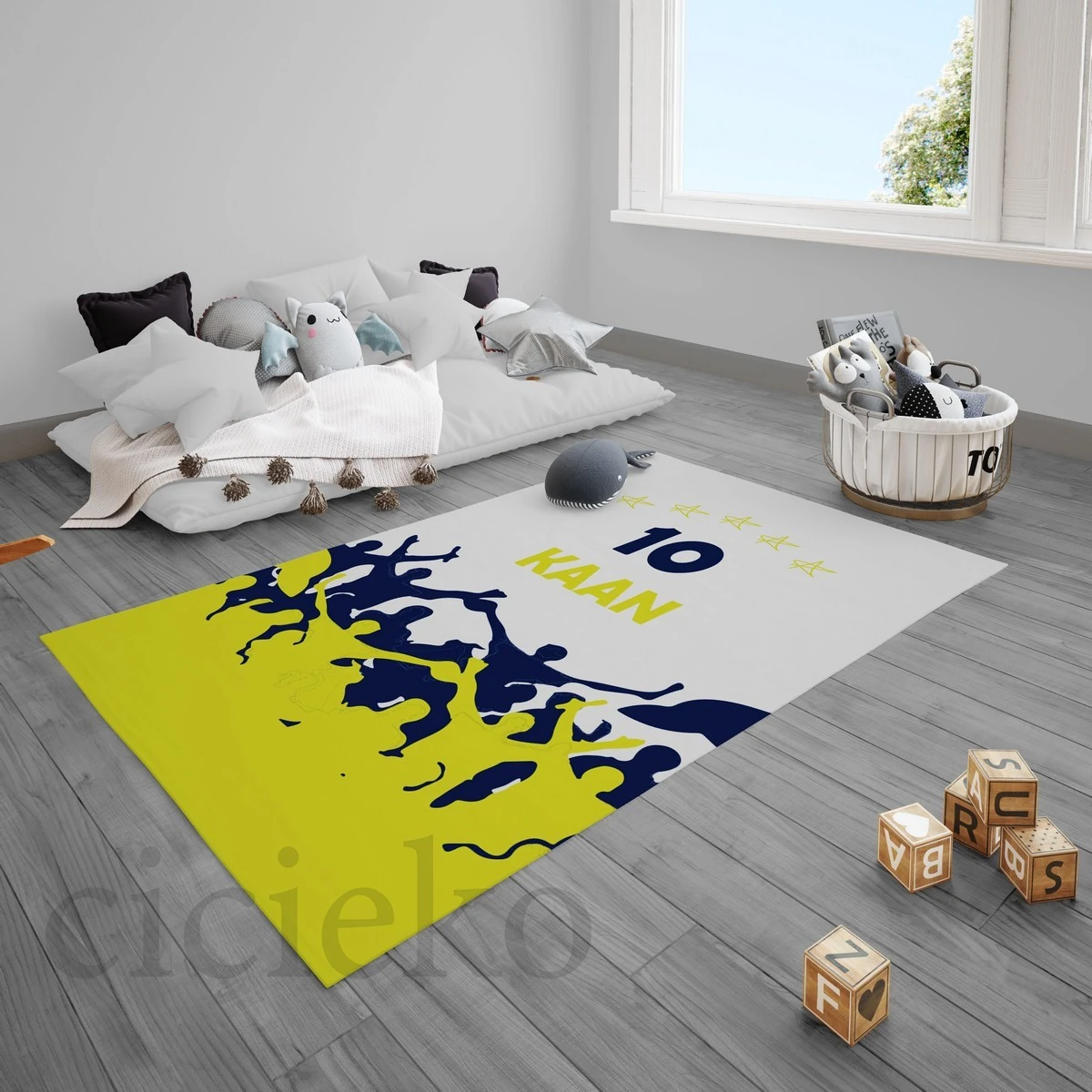 Sarı Lacivert Baba Oğul Taraftar 5'li Set Halı, Perde, Nevresim, Avize, Kırlent Kılıfı