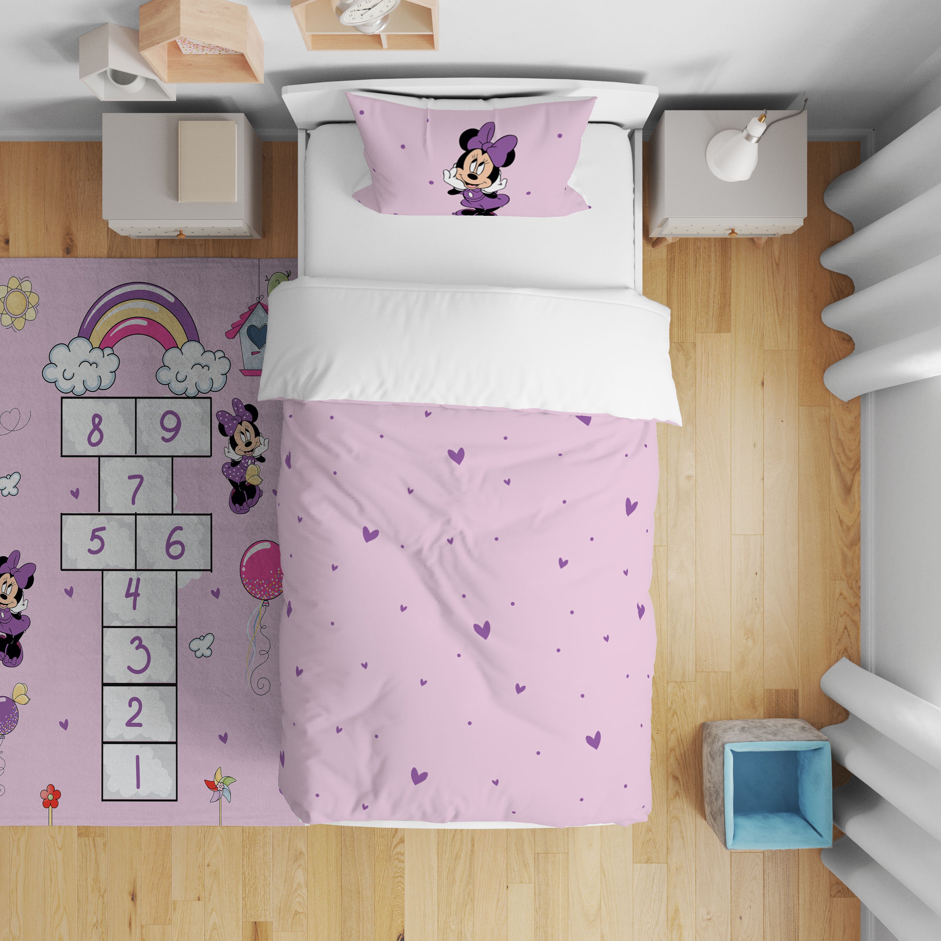 Minnie Mouse Gökkuşağı Kalpler Nevresim Takımı 