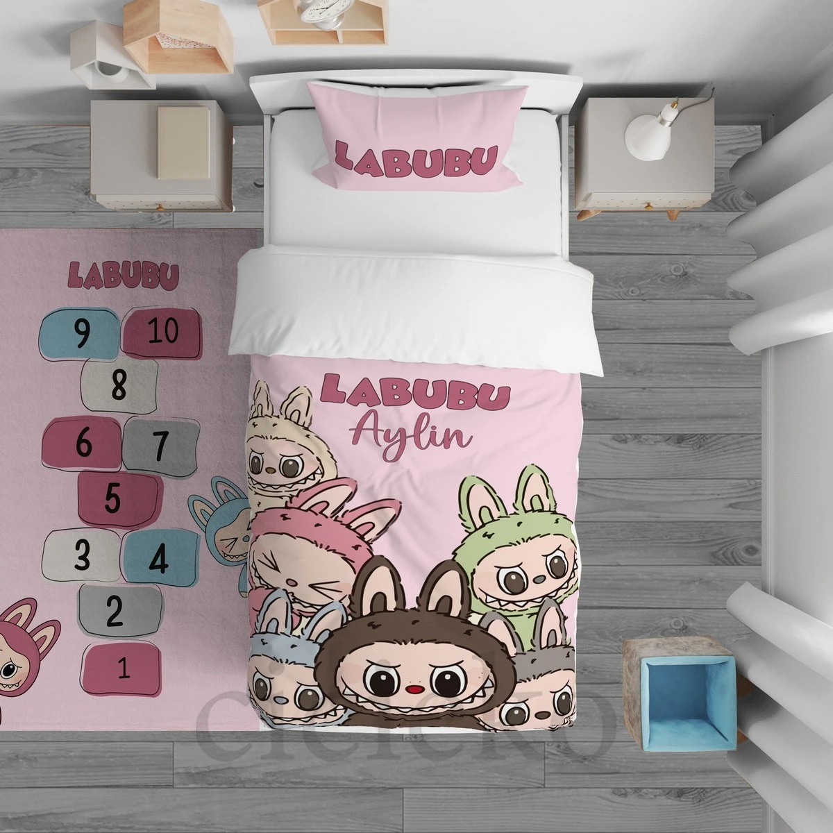 Pembe Labubu 5'li Set Halı, Perde, Nevresim, Avize, Kırlent Kılıfı