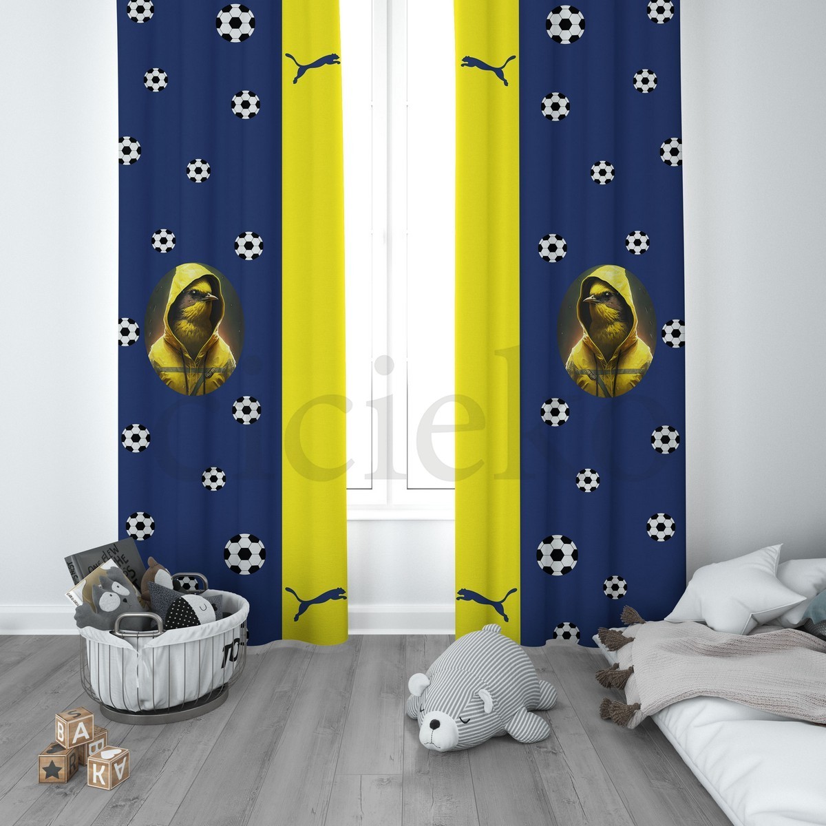 Sarı Lacivert Taraftar 5'li Set Halı, Perde, Yatak Örtüsü, Avize, Kırlent Kılıfı