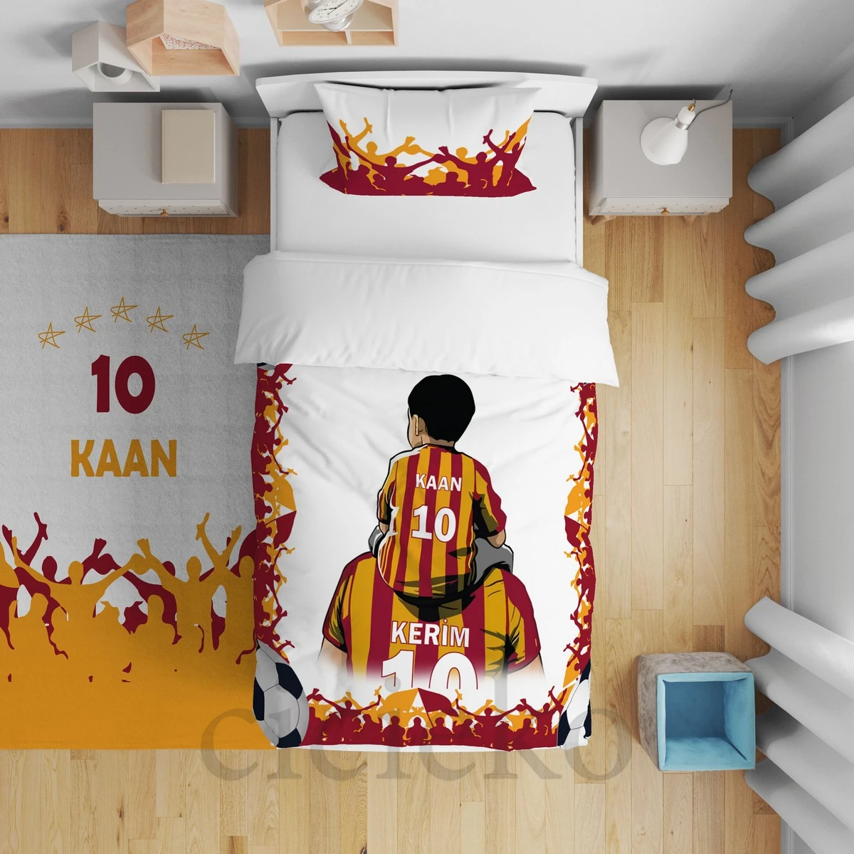 Sarı Kırmızı Baba Oğul Taraftar 5'li Set Halı, Perde, Nevresim, Avize, Kırlent Kılıfı