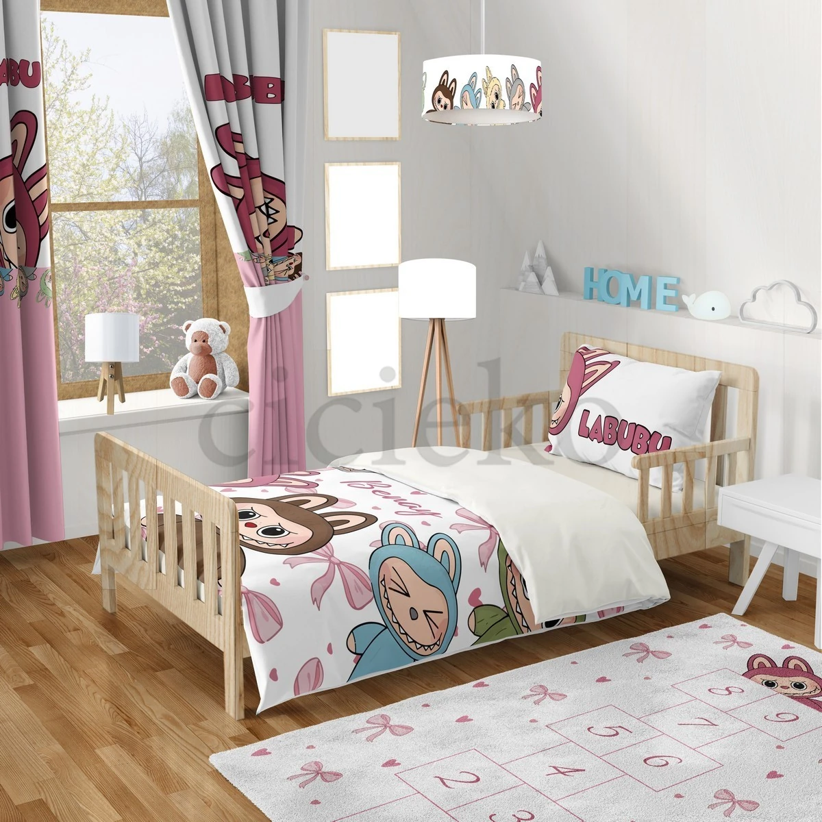 Beyaz Labubu  5'li Set Halı, Perde, Nevresim, Avize, Kırlent Kılıfı