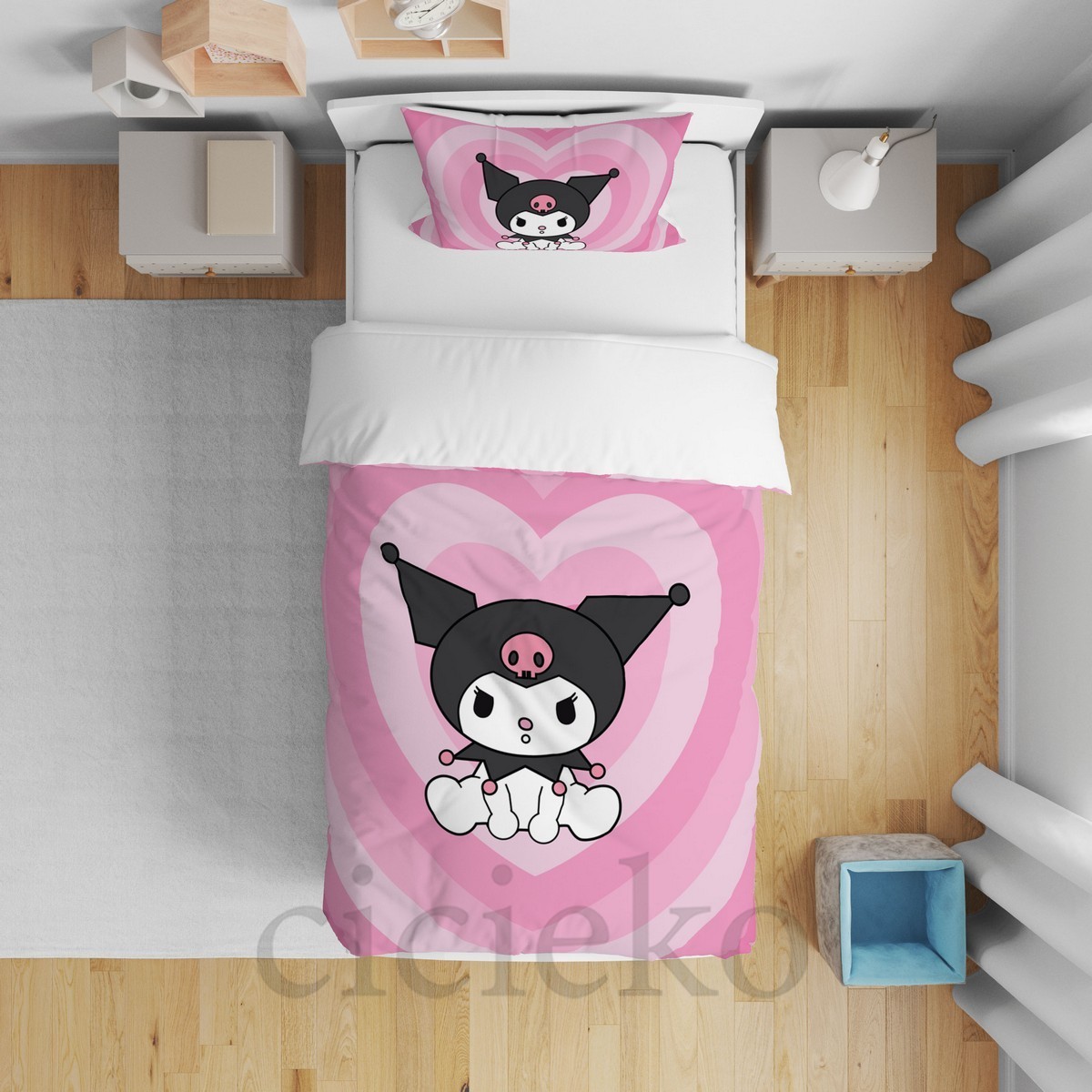 Pembe Kuromi 5'li Set Halı, Perde, Yatak Örtüsü, Avize, Kırlent Kılıfı