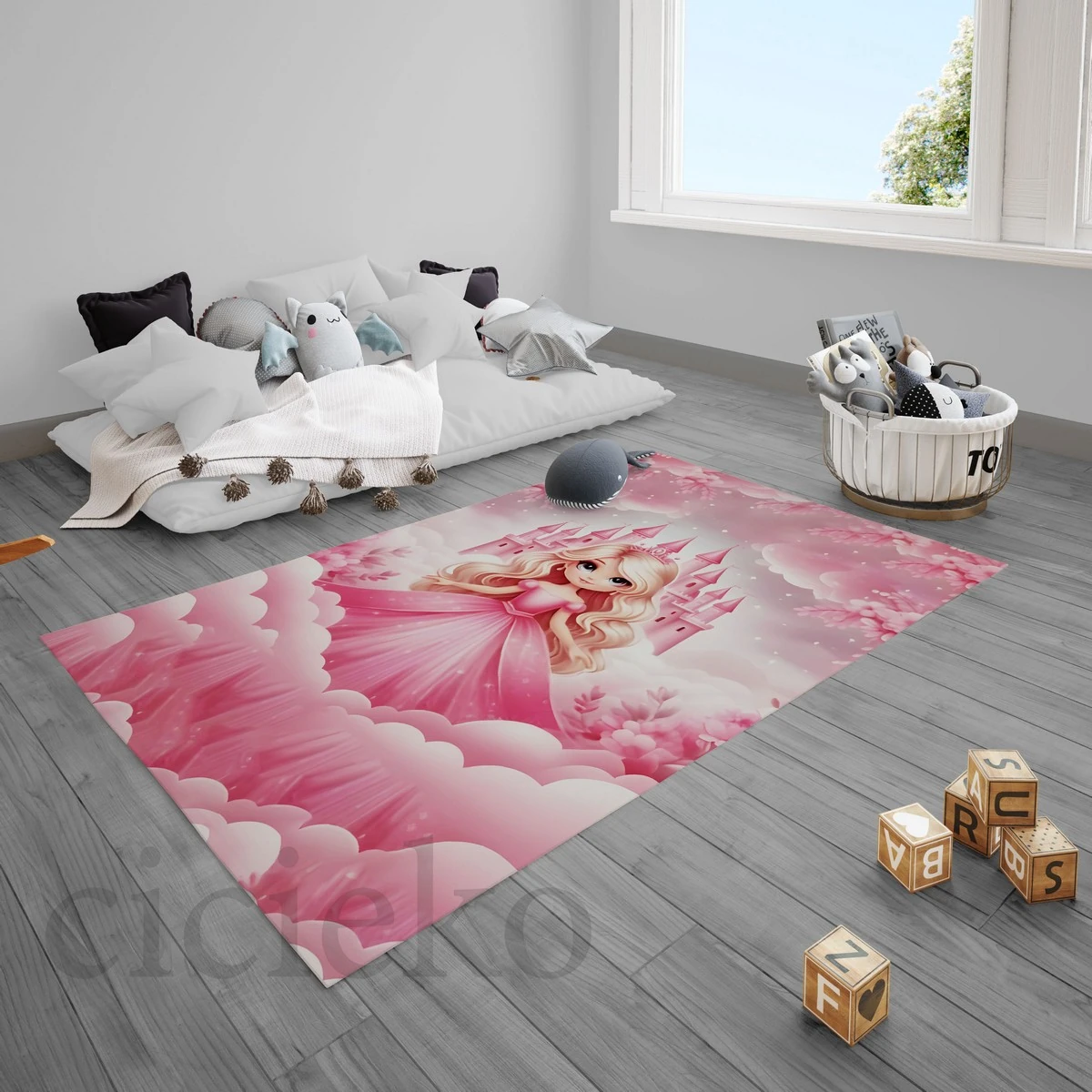 Koyu Pembe Prenses Şato Çocuk Odası Halısı