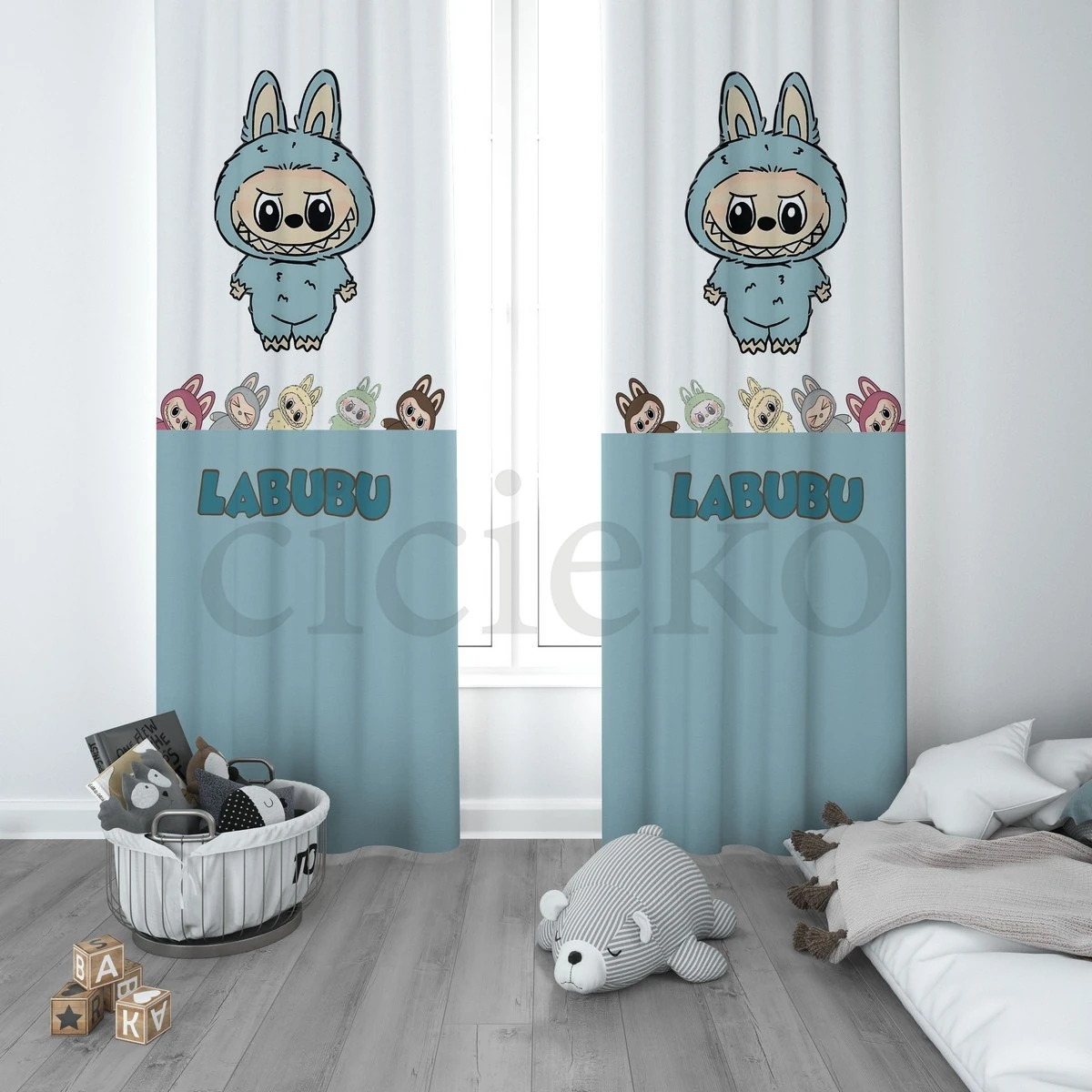 Mavi Labubu 5'li Set Halı, Perde, Nevresim, Avize, Kırlent Kılıfı