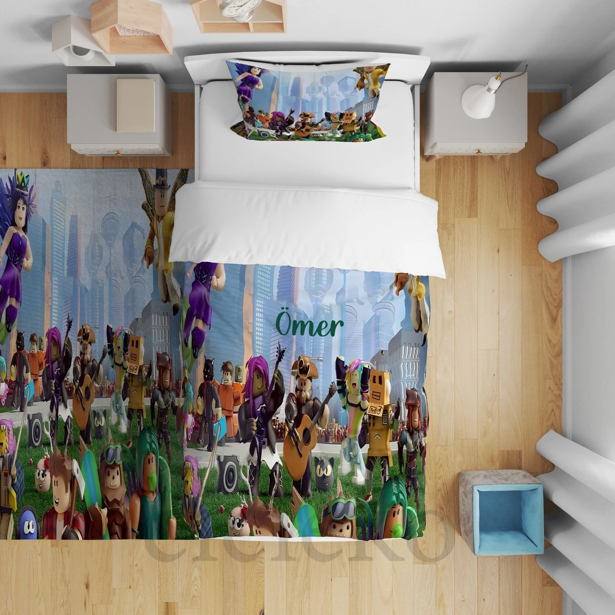 Roblox Karakterleri Şehir Temalı Çocuk Odası Yatak Örtüsü