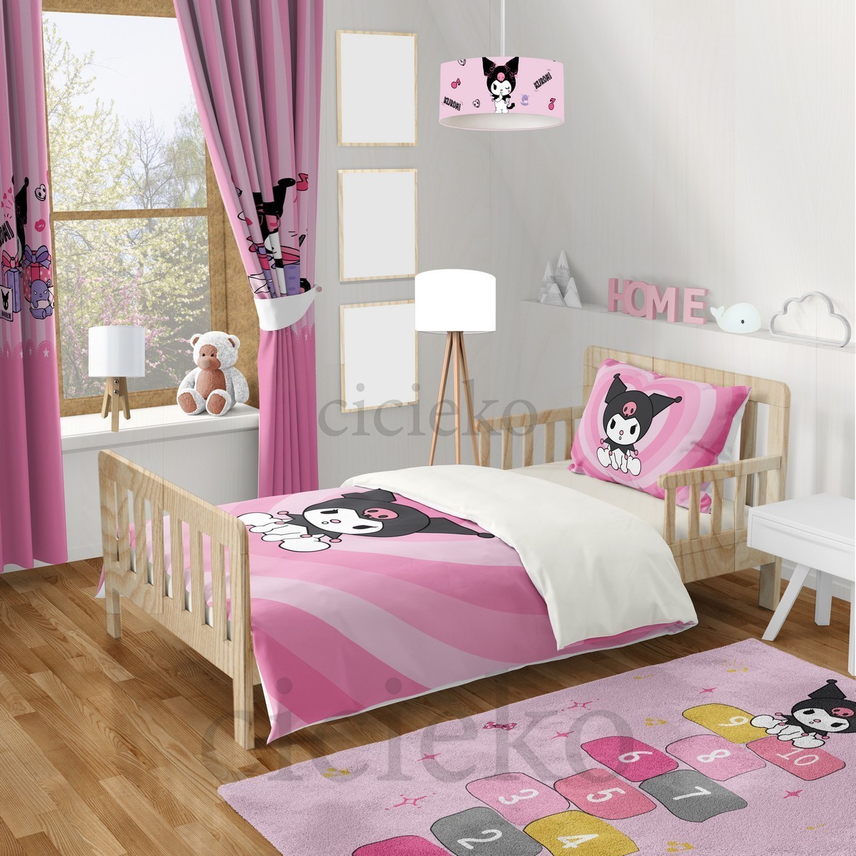 Pembe Kuromi 5'li Set Halı, Perde, Yatak Örtüsü, Avize, Kırlent Kılıfı