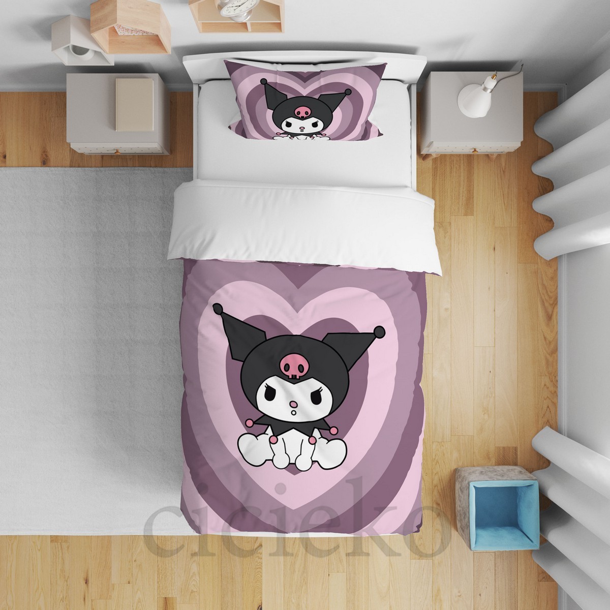 Kuromi 5'li Set Halı, Perde, Yatak Örtüsü, Avize, Kırlent Kılıfı