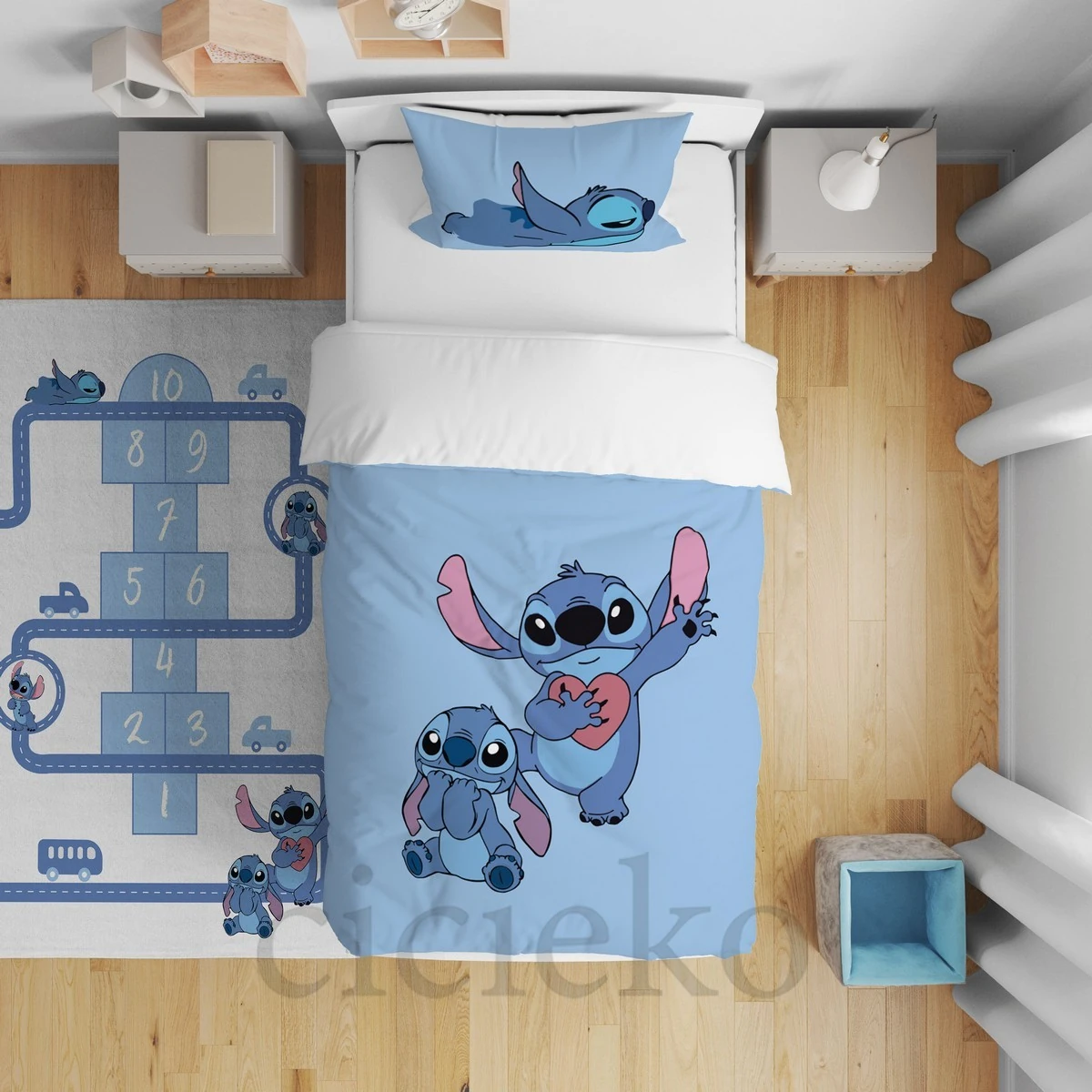 Mavi Stitch 5'li Set Halı, Perde, Nevresim, Avize, Kırlent Kılıfı