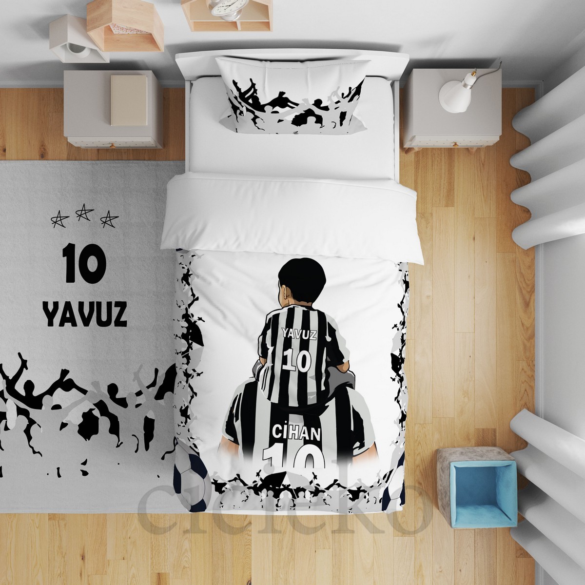 Siyah Beyaz Baba Oğul Taraftar Çocuk Odası Yatak Örtüsü