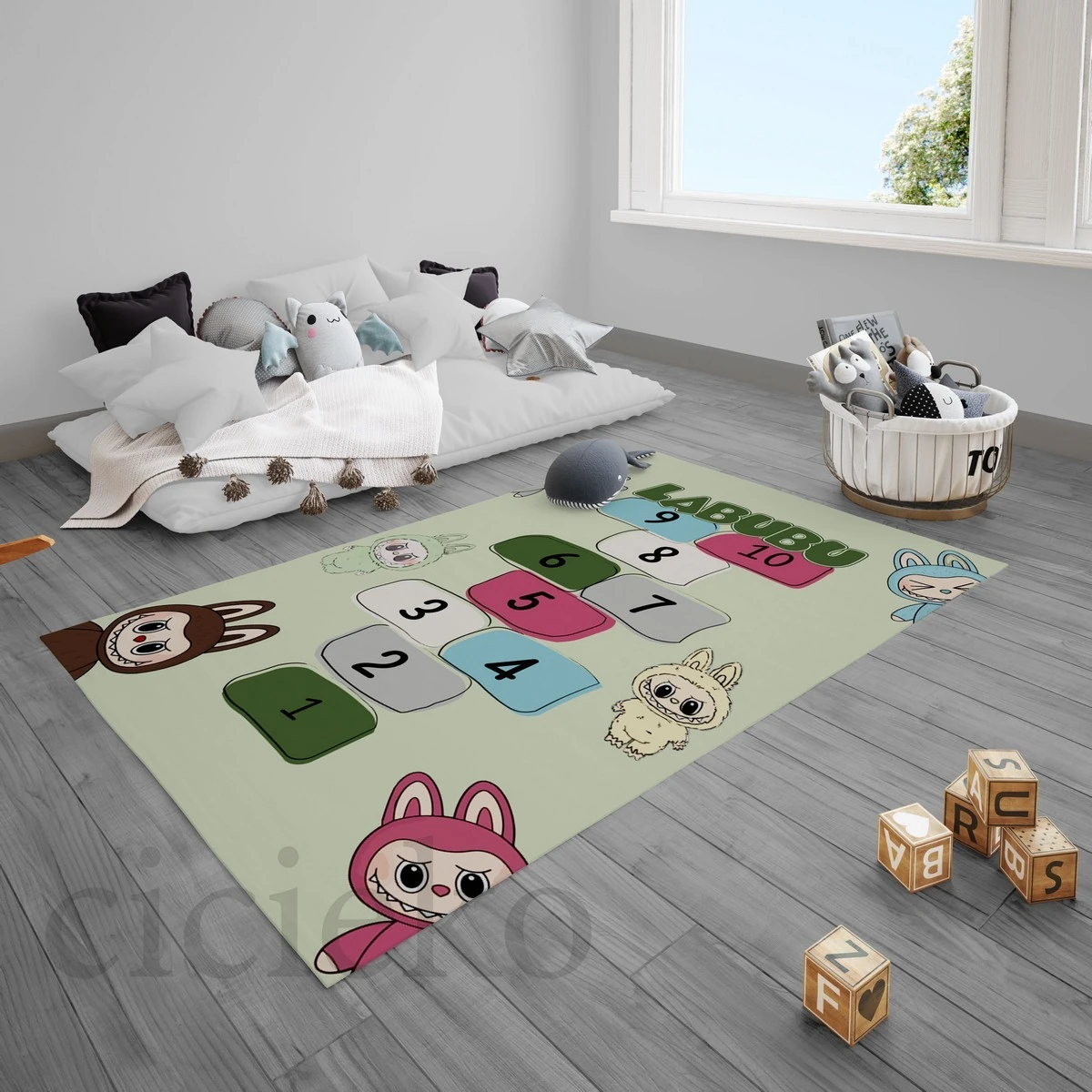 Yeşil Labubu 5'li Set Halı, Perde, Nevresim, Avize, Kırlent Kılıfı