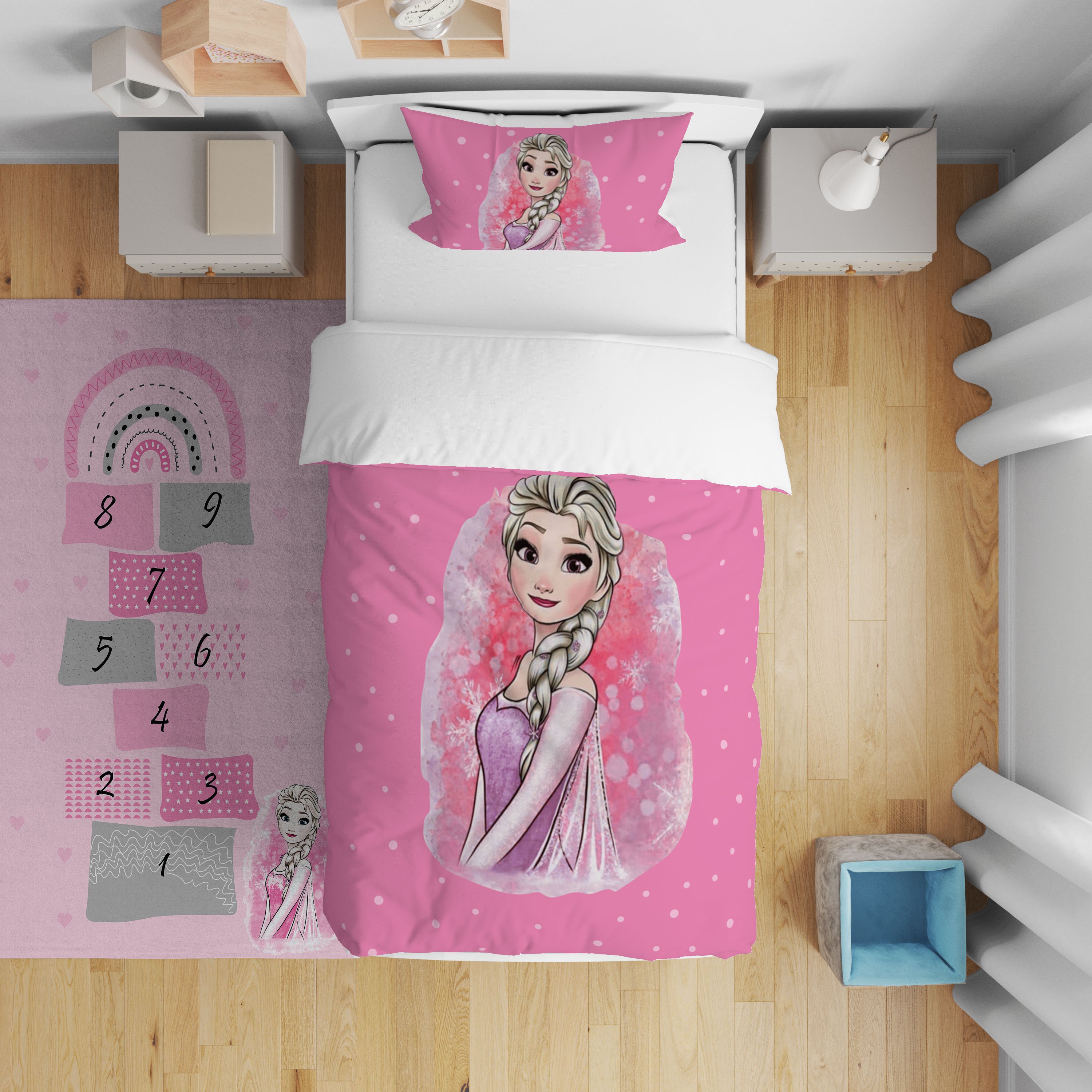Pembe Elsa Seksek Çocuk Odası Yatak Örtüsü