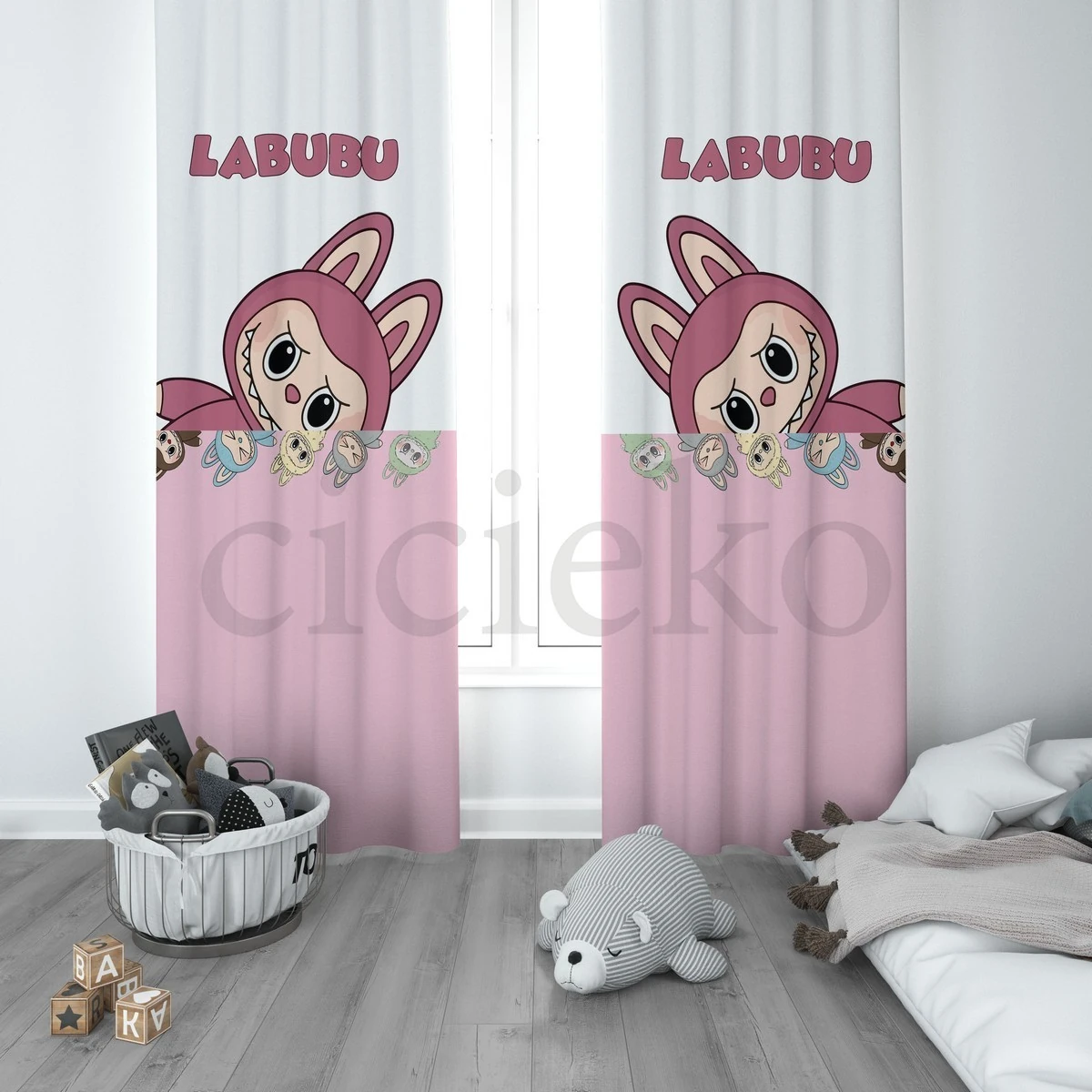 Beyaz Labubu  5'li Set Halı, Perde, Nevresim, Avize, Kırlent Kılıfı