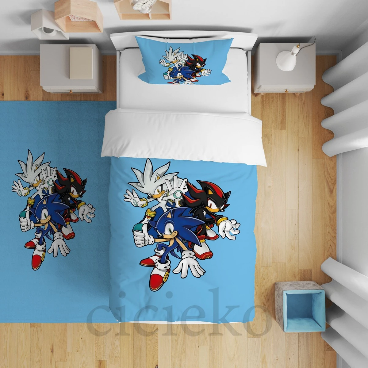 Mavi Zemin Sonic ve Arkadaşları Çocuk Odası Yatak Örtüsü