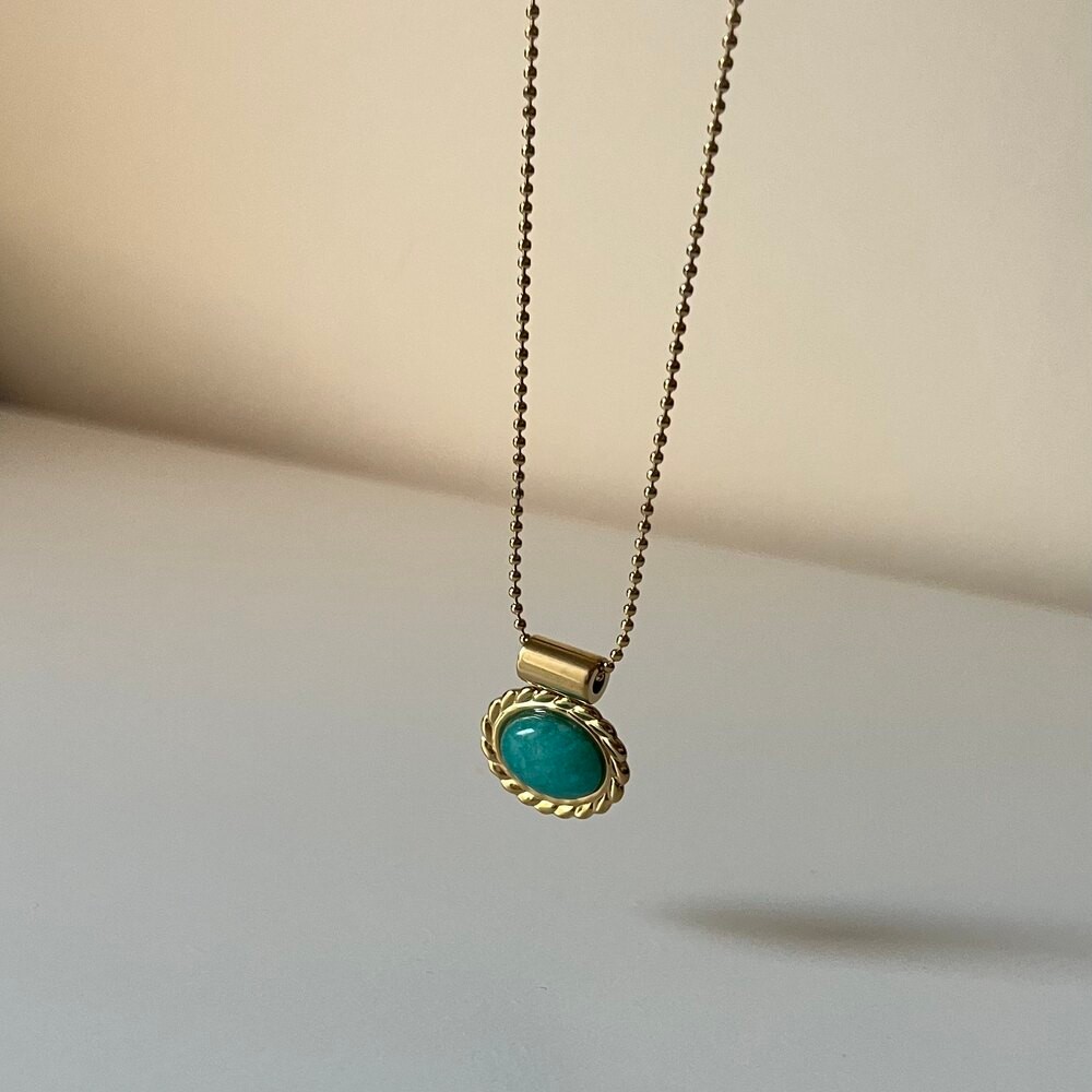 Mavi Oval Taş Vintage Kolye / Çelik