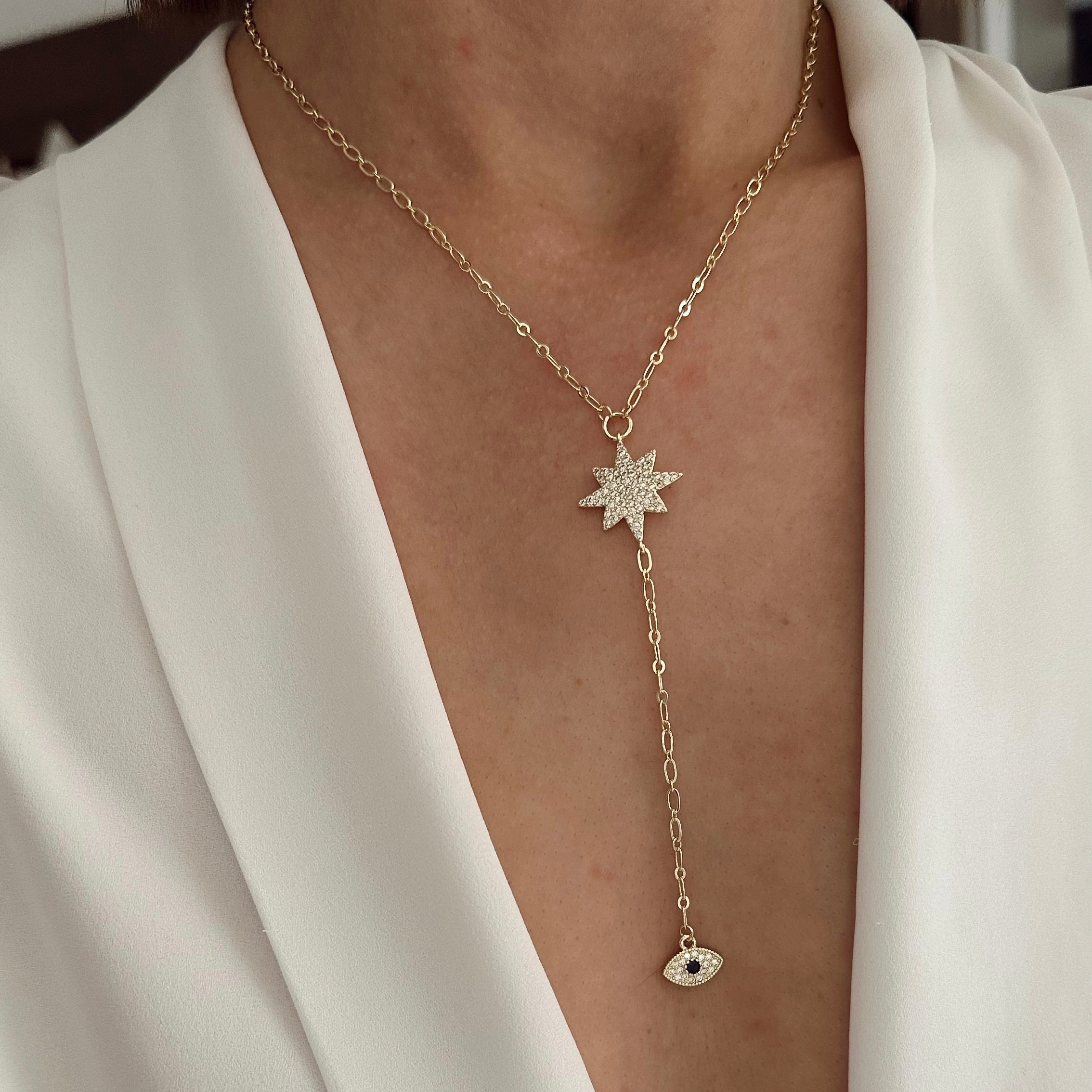 Özel Seri 14k Gold Yıldız ve Göz Y Model Kolye