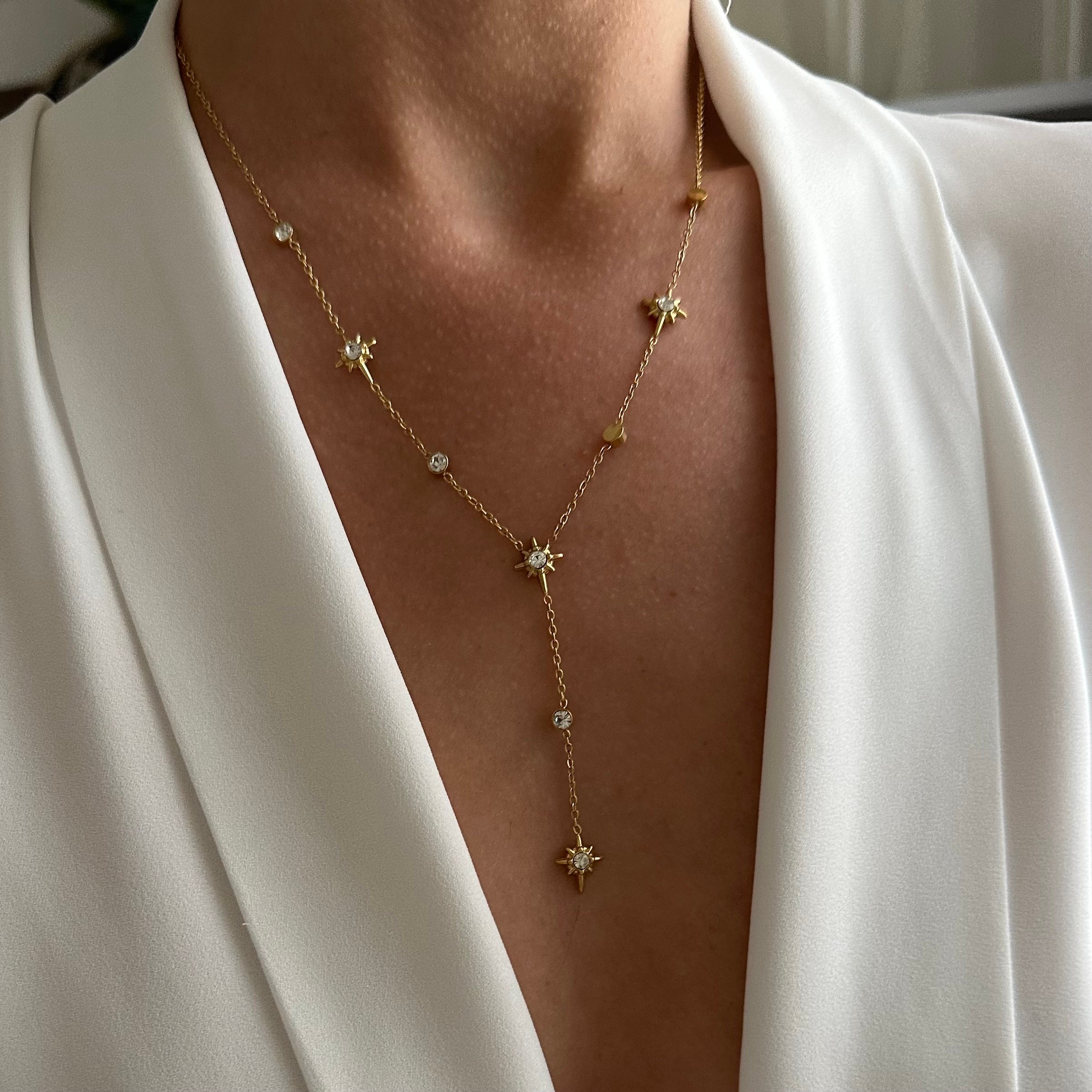Y Model Taşlı Yıldız Kolye / Çelik