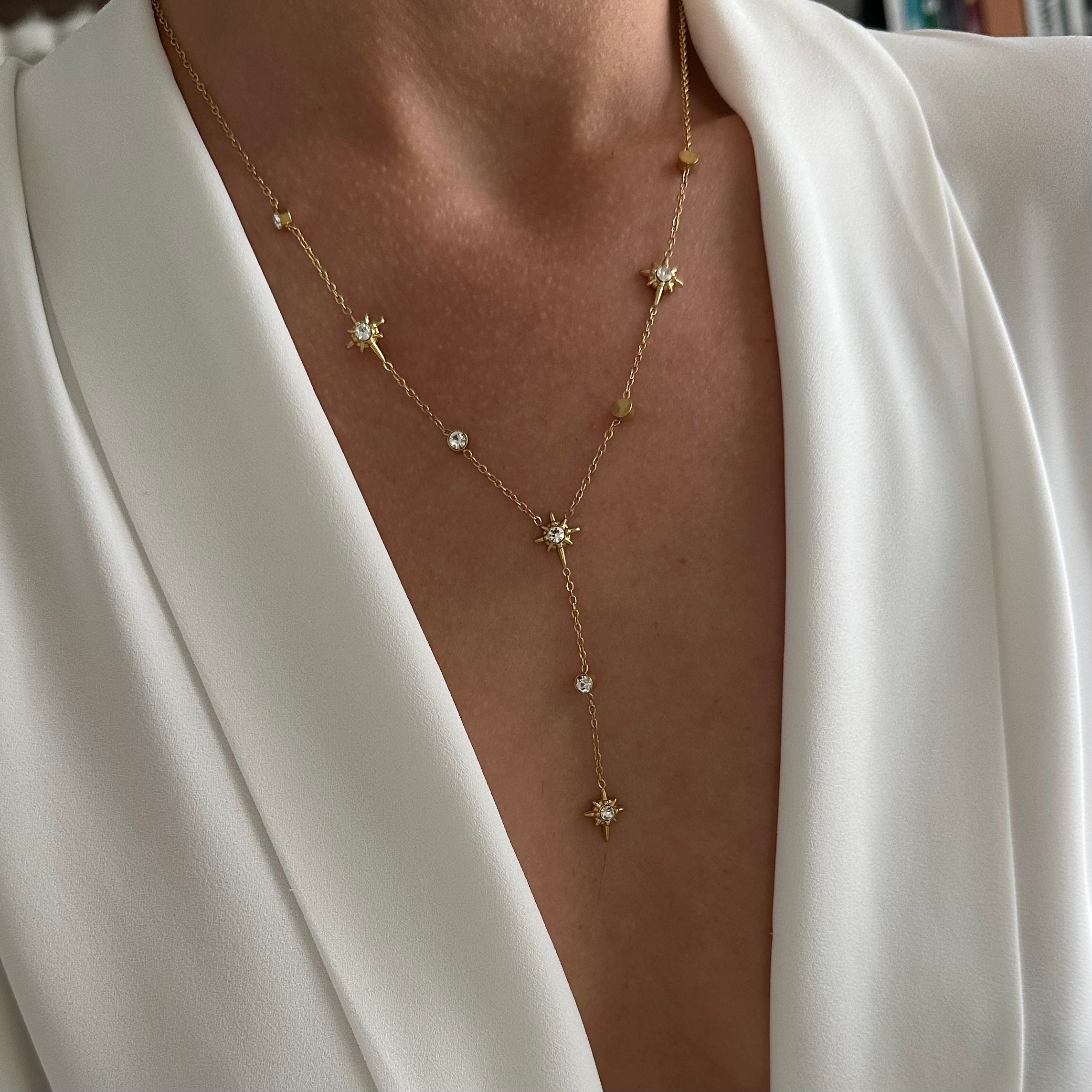Y Model Taşlı Yıldız Kolye / Çelik