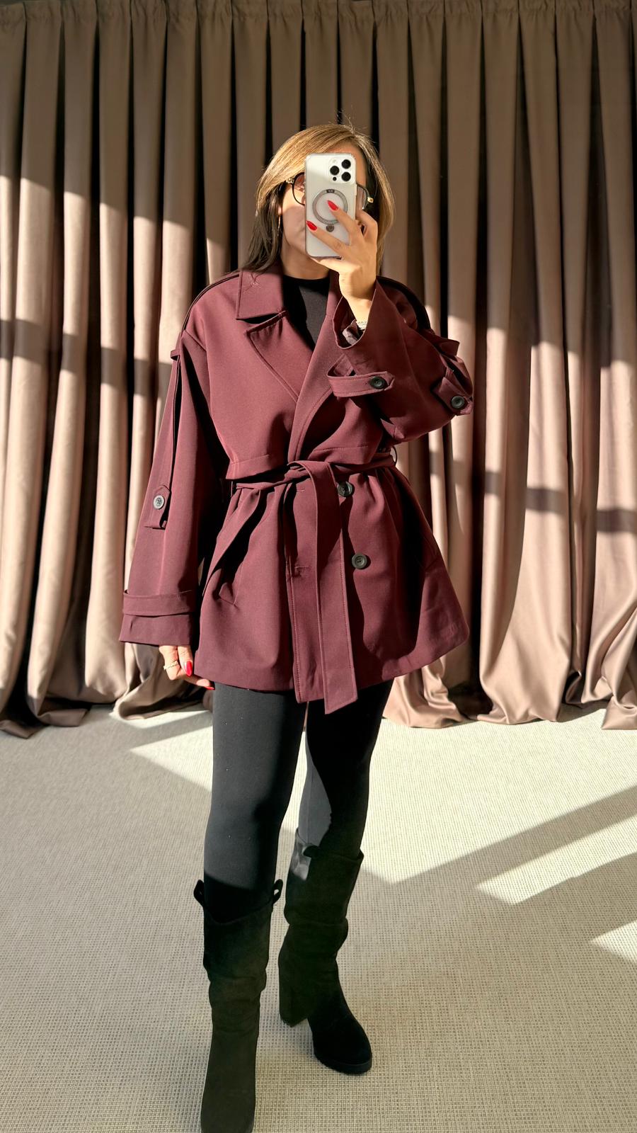 OVERSİZE KISA TRENCHCOAT - Mürdüm