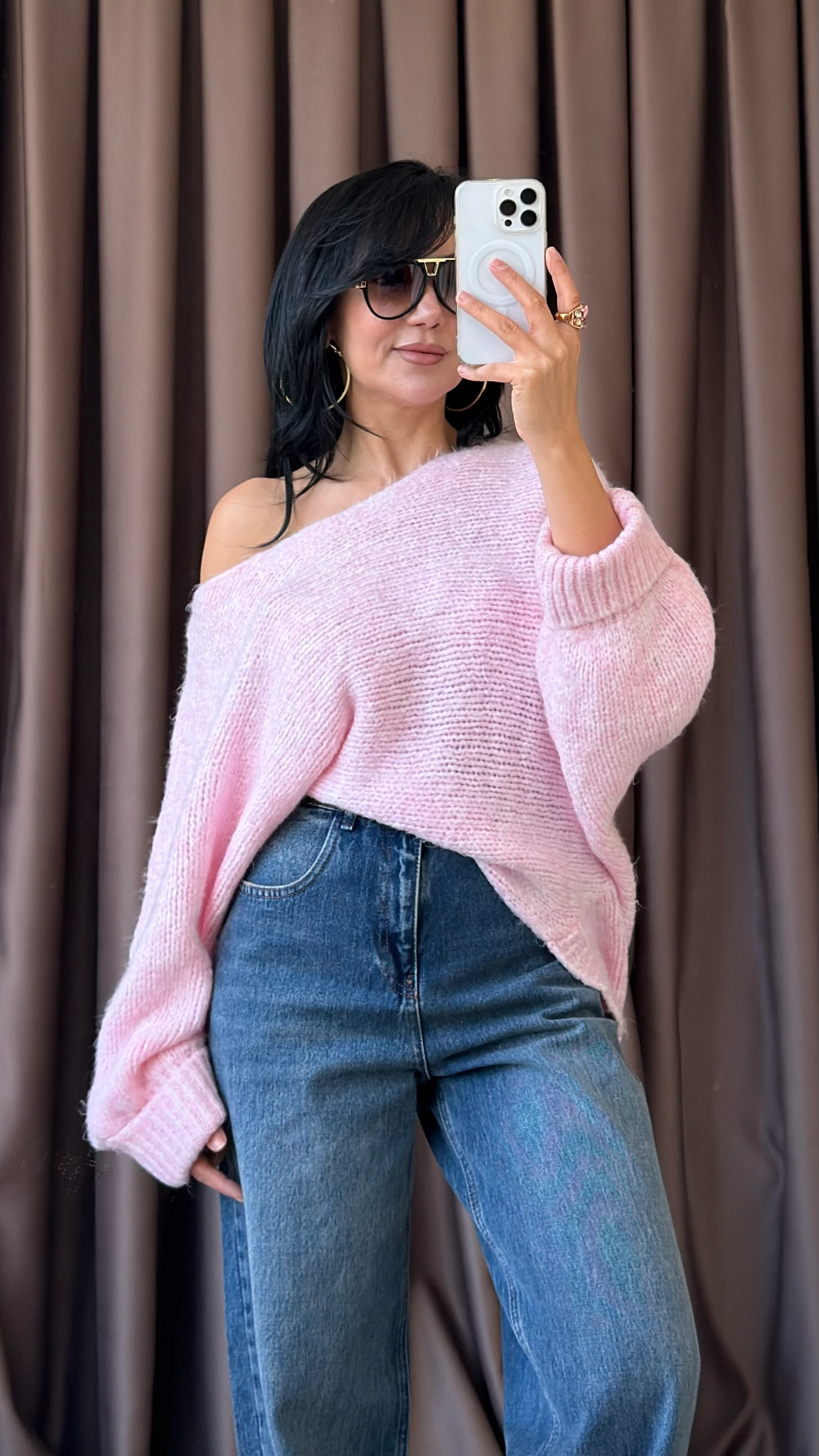 DÜŞÜK OMUZ KATLI KOL YUMOŞ TRİKO KAZAK - Pembe