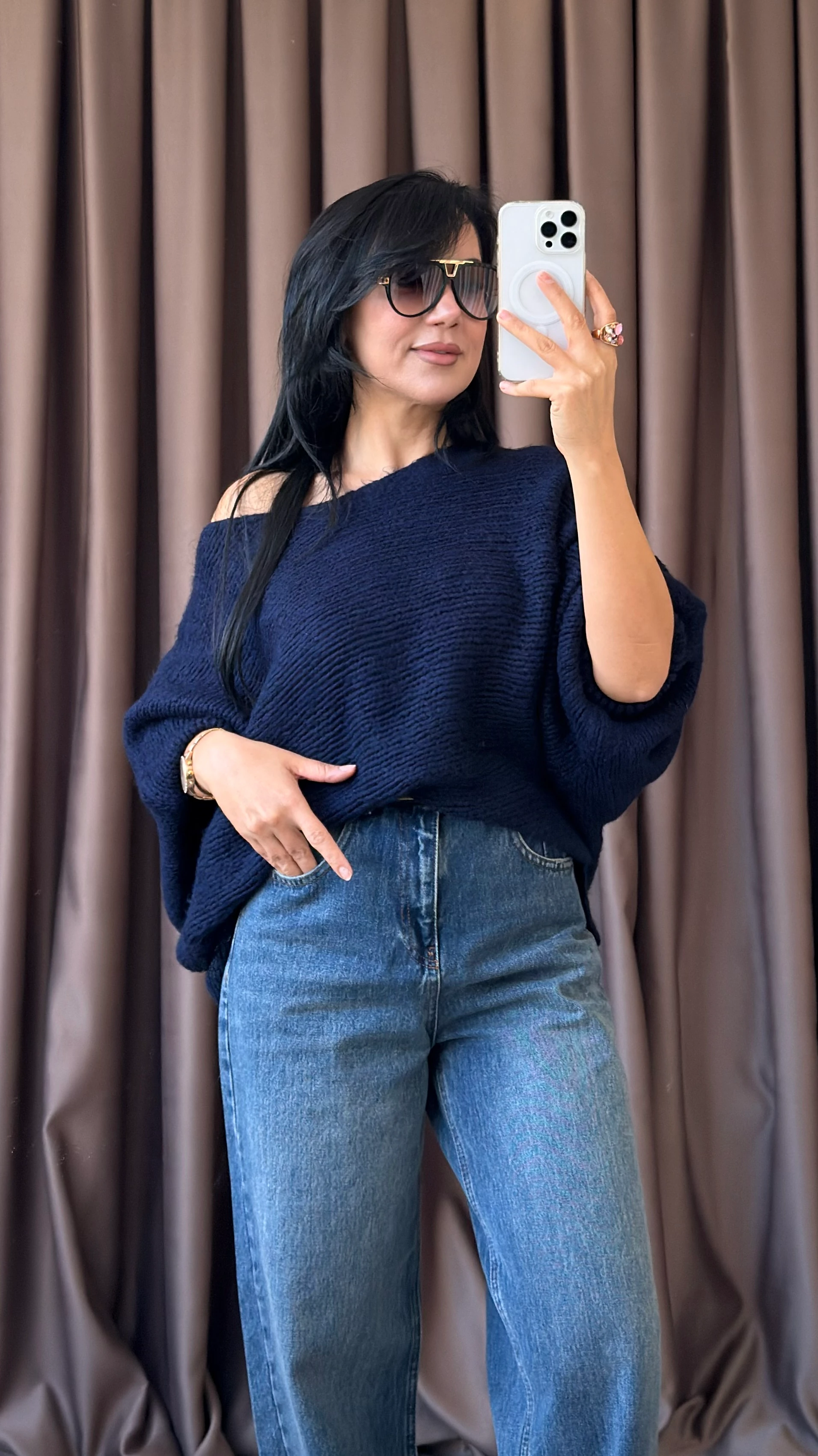 DÜŞÜK OMUZ KATLI KOL YUMOŞ TRİKO KAZAK - Lacivert