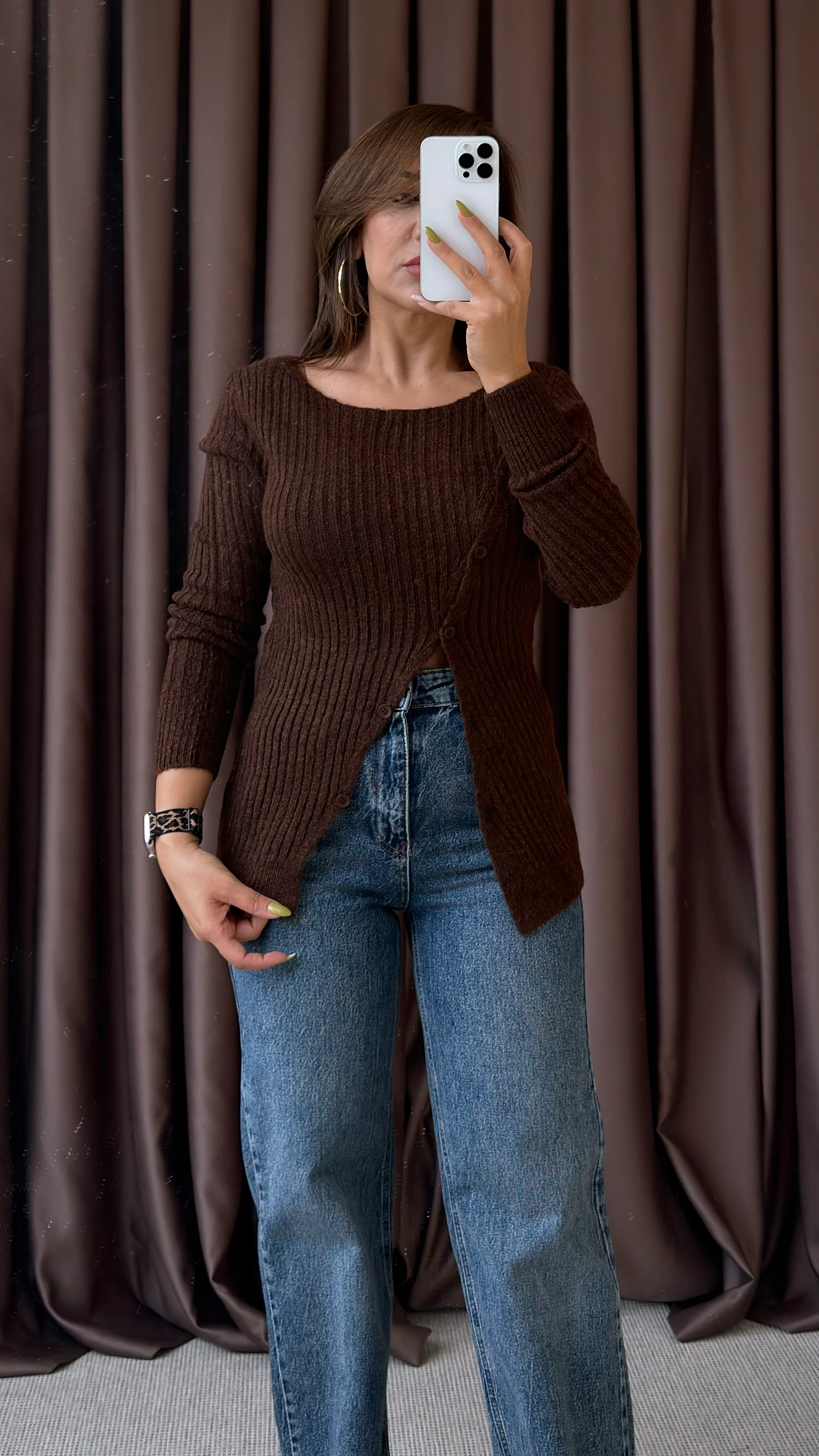 ÇAPRAZ DÜĞMELİ TRİKO BLUZ - Kahverengi