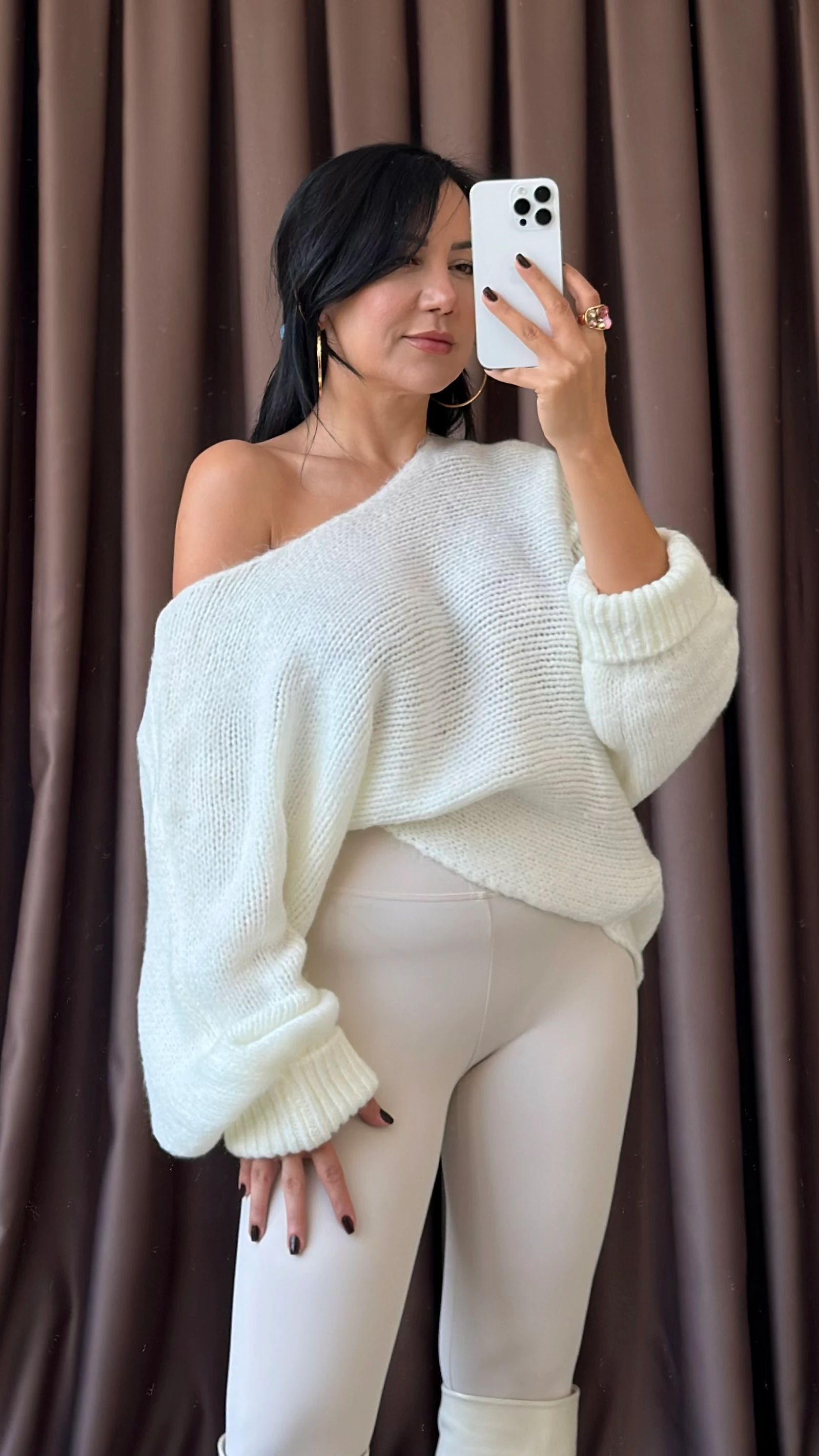 DÜŞÜK OMUZ KATLI KOL YUMOŞ TRİKO KAZAK - Ekru