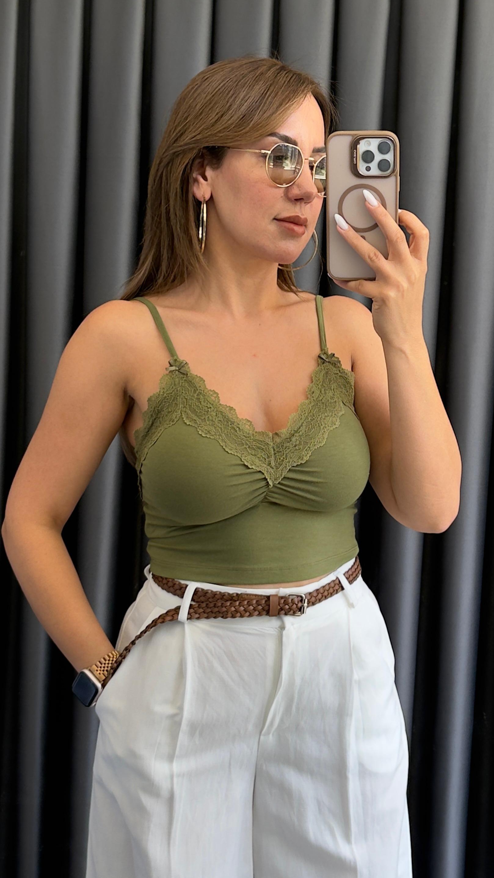 DANTEL DETAYLI İNCE ASKILI CROP TOP - Haki
