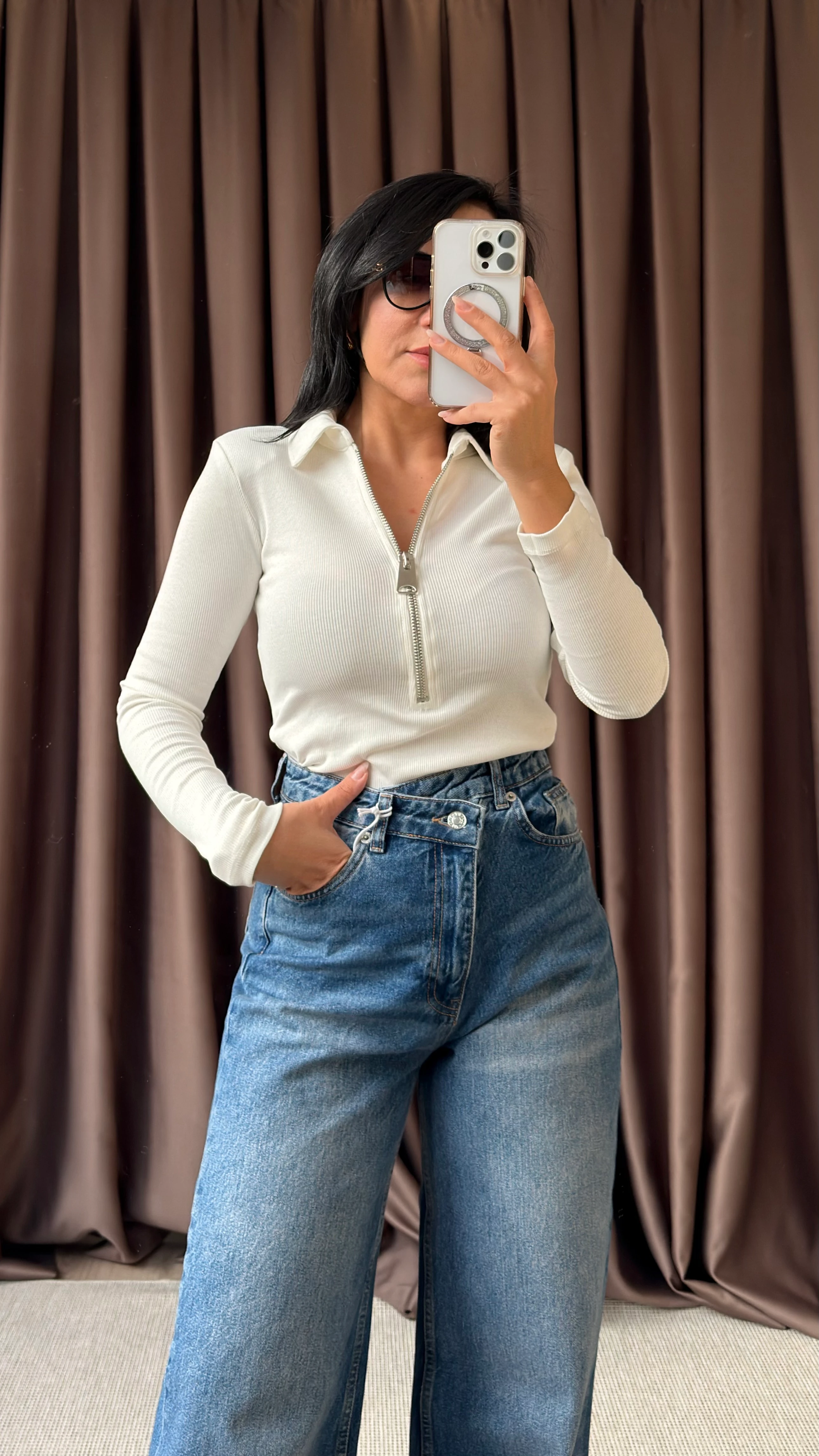 FERMUARLI İNCE VATKALI BASİC BLUZ - Beyaz