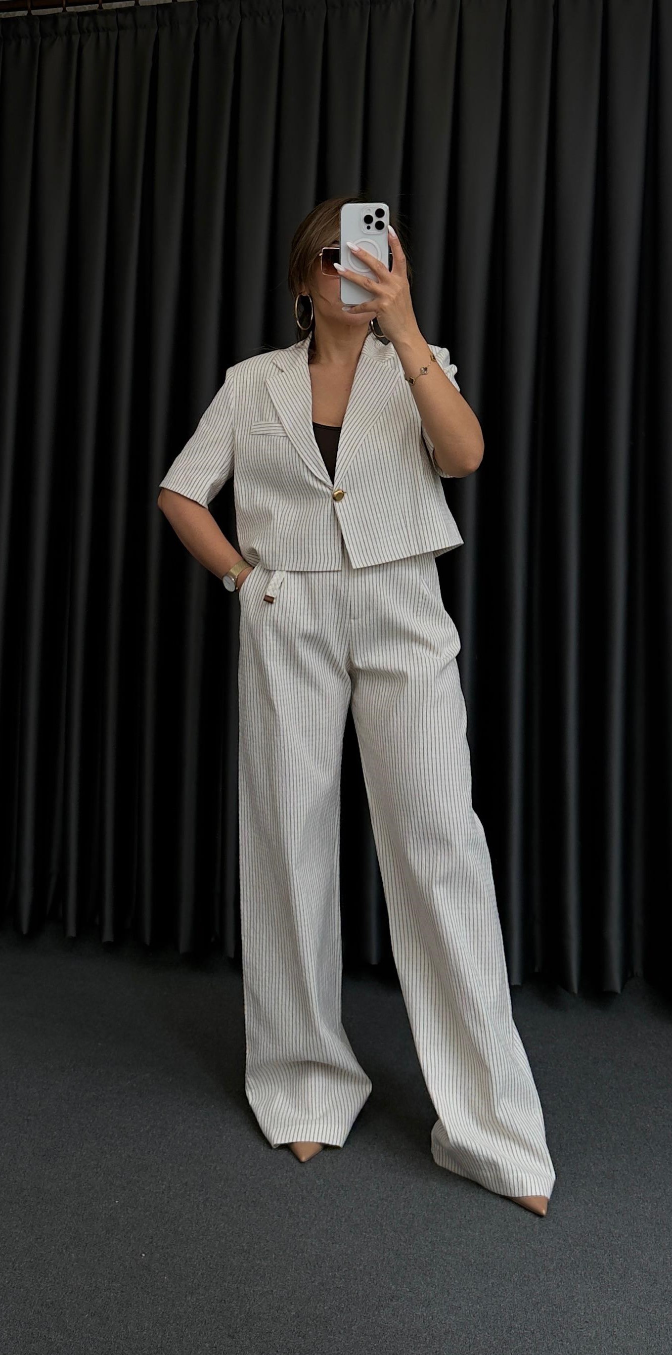 ÇİZGİLİ KISA KOL KETEN BLAZER TAKIM