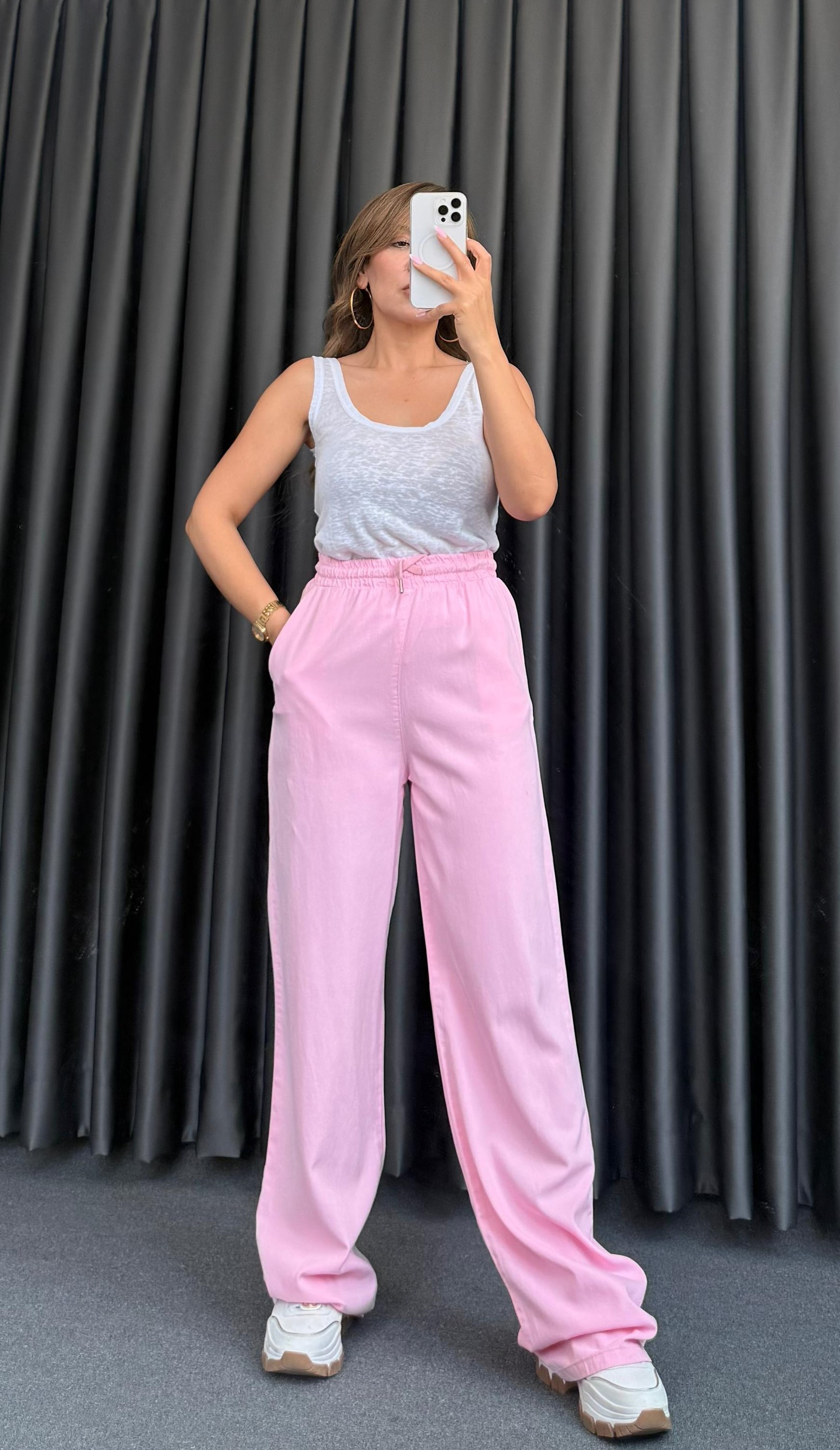 PAMUK TENSEL BELİ LASTİKLİ PANTOLON - Pembe