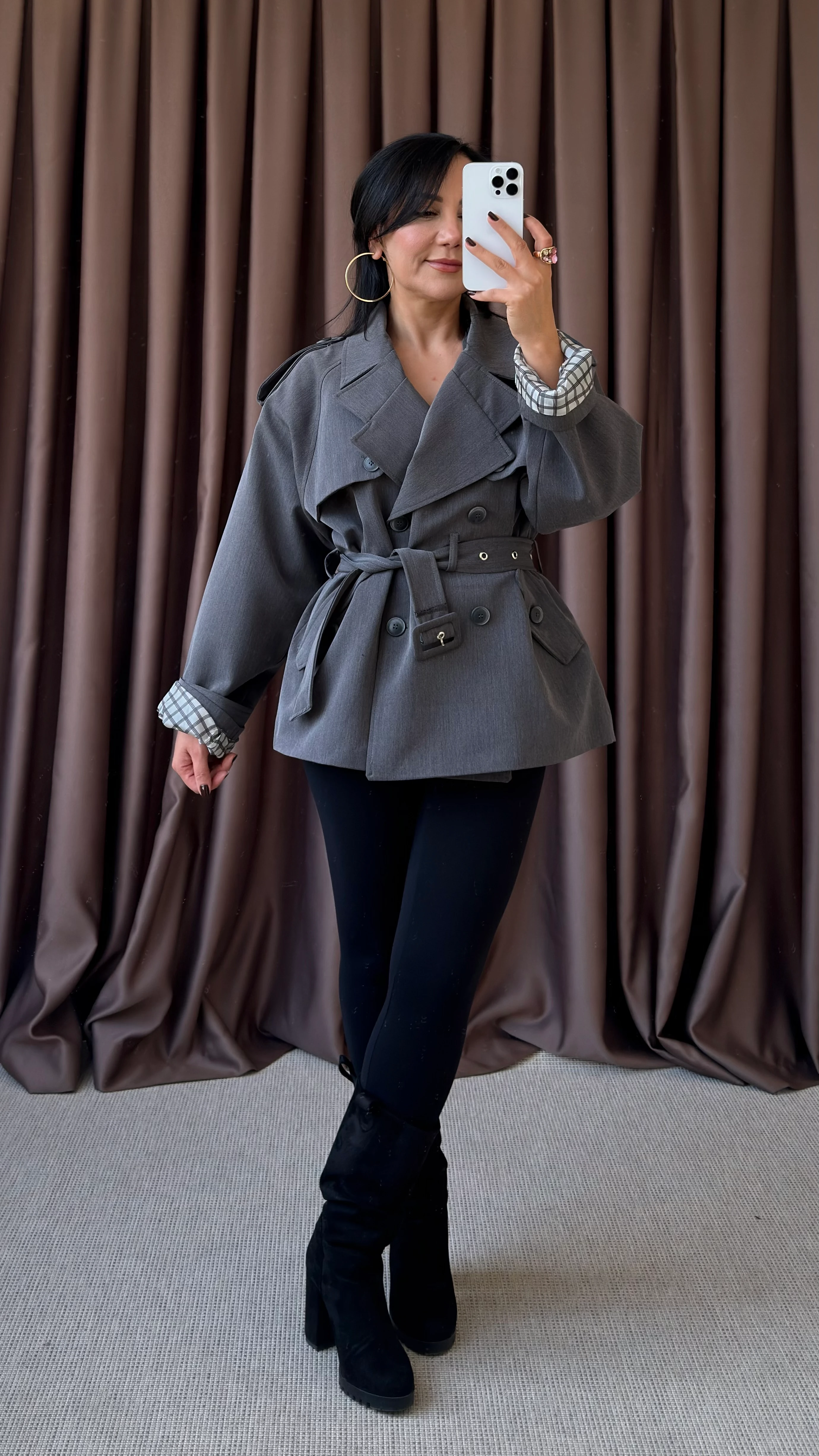 ARA YAKALI KISA TRENCH - ANTRESİT