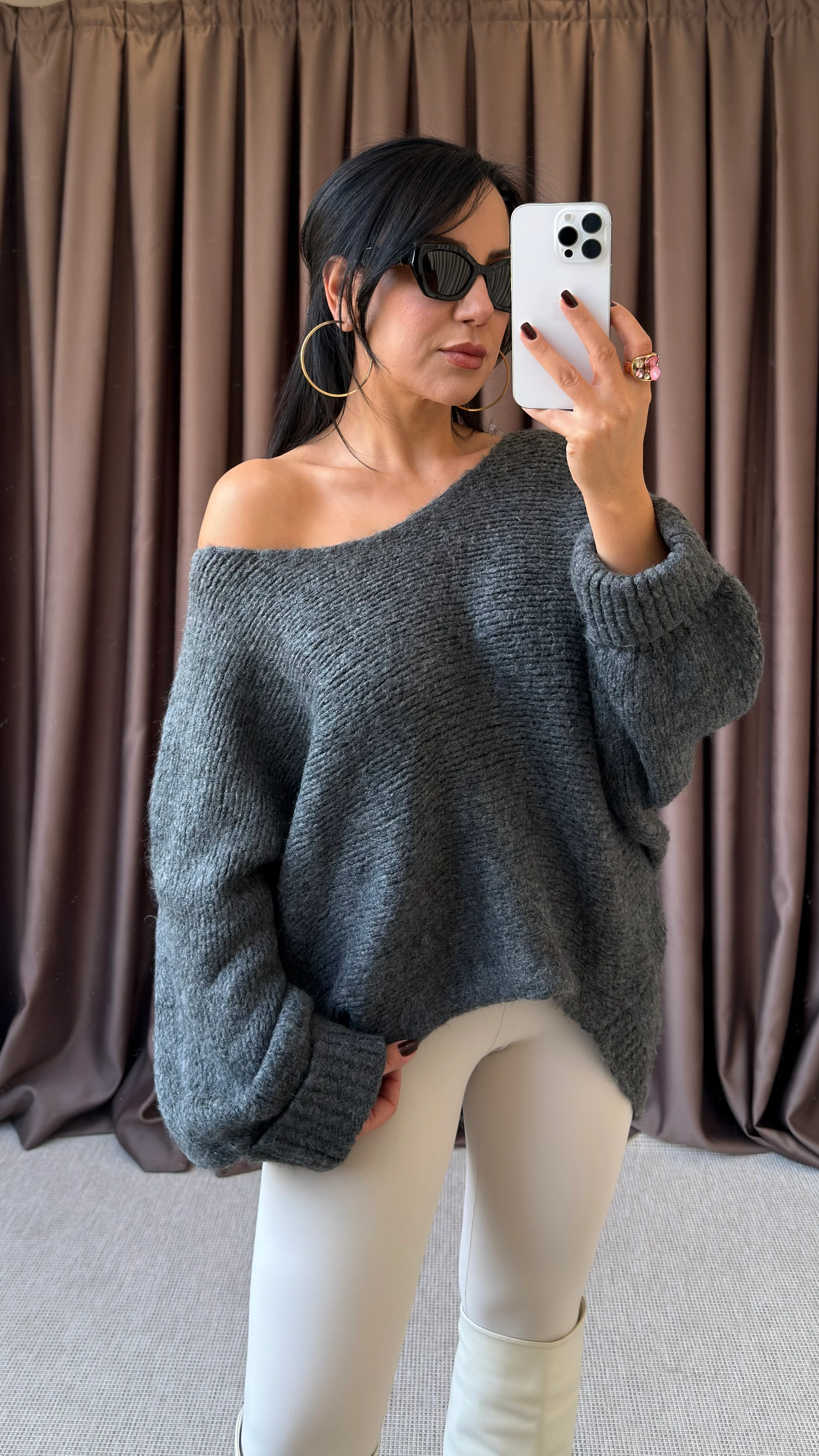 DÜŞÜK OMUZ KATLI KOL YUMOŞ TRİKO KAZAK - ANTRESİT