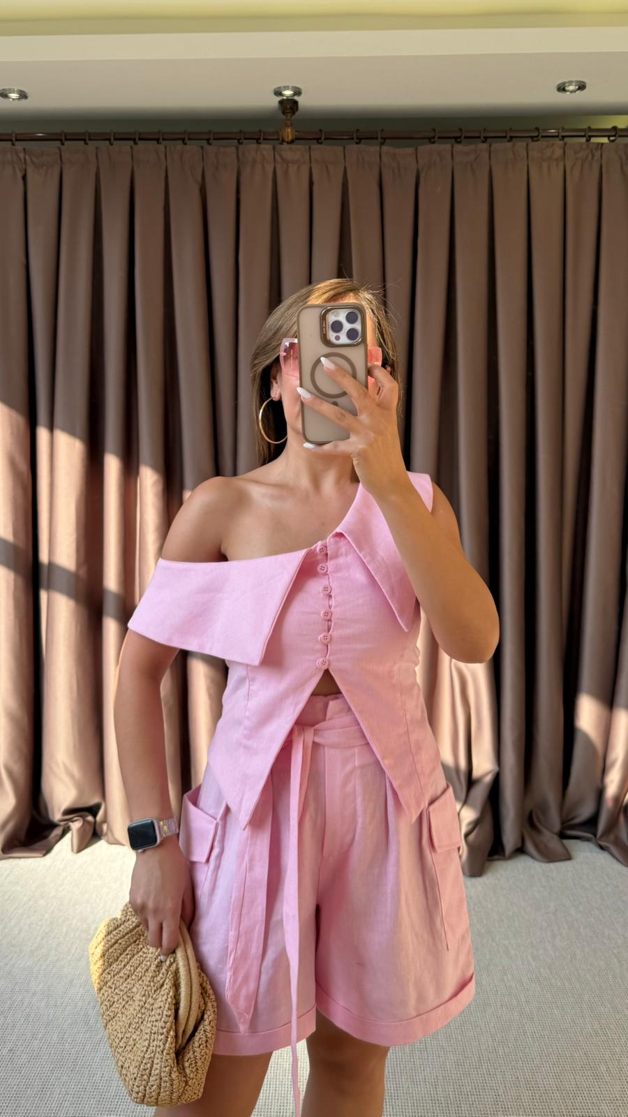 TEK OMUZ YELEKLİ KARGO CEP ŞORTLU TAKIM - Pembe