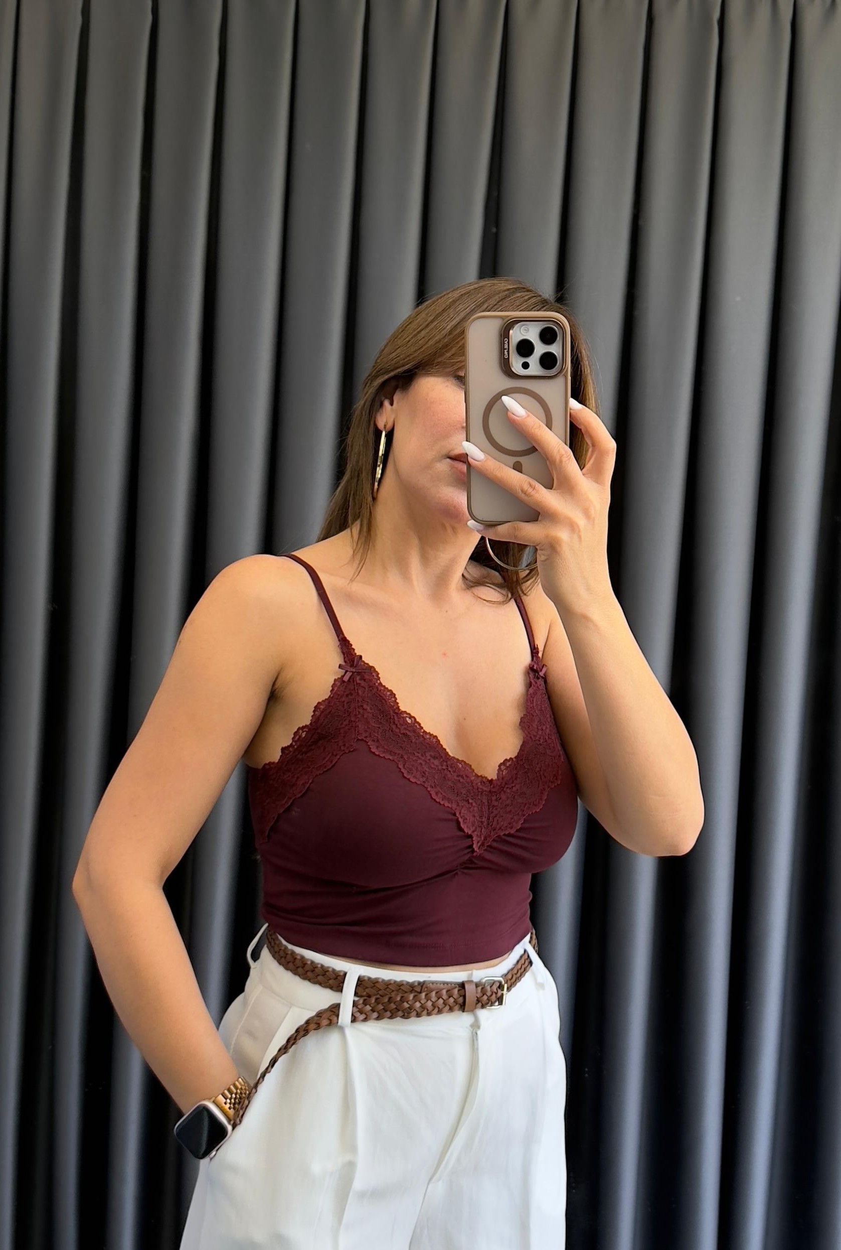 DANTEL DETAYLI İNCE ASKILI CROP TOP - Bordo
