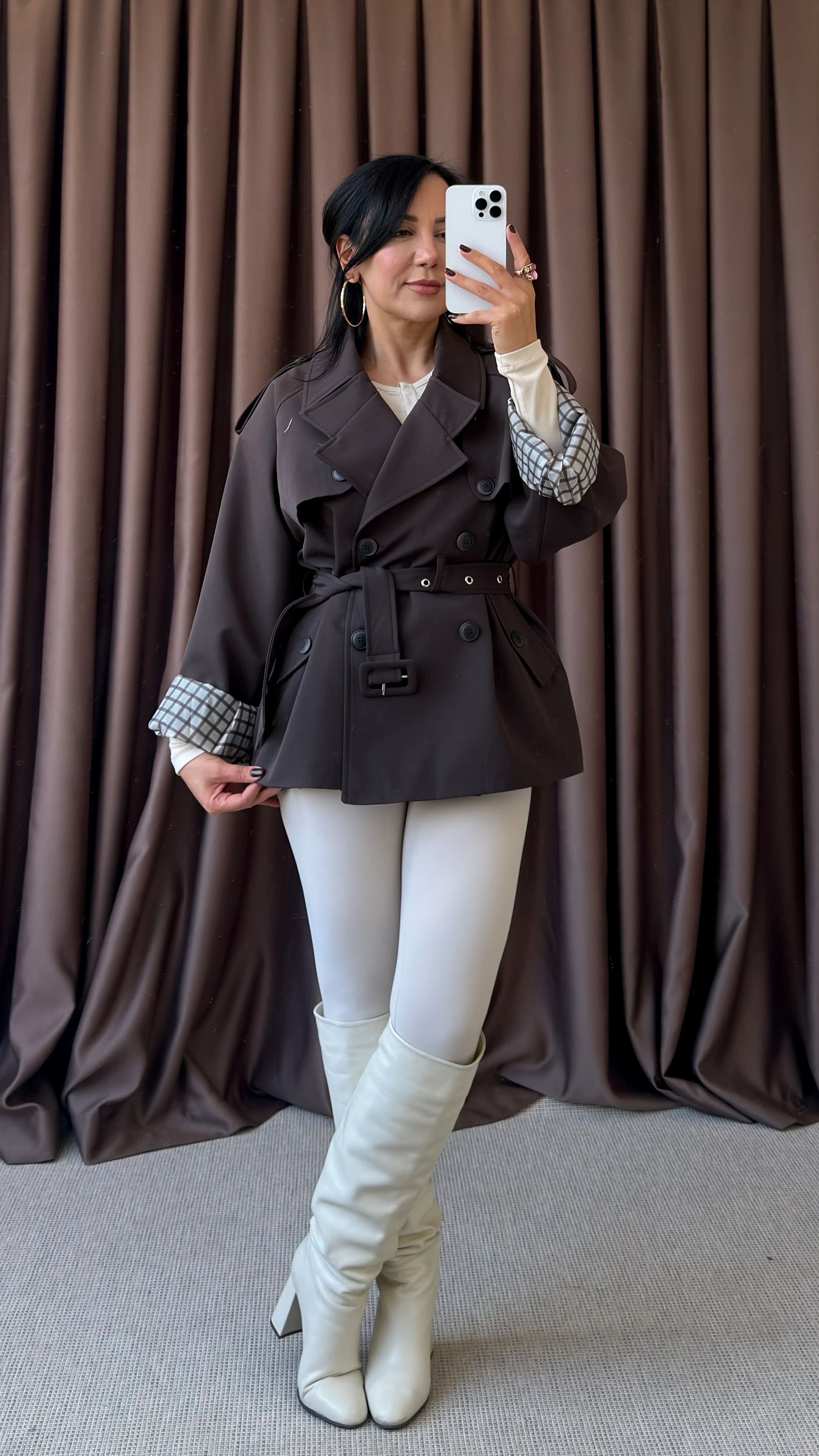 ARA YAKALI KISA TRENCH - KOYU KAHVE