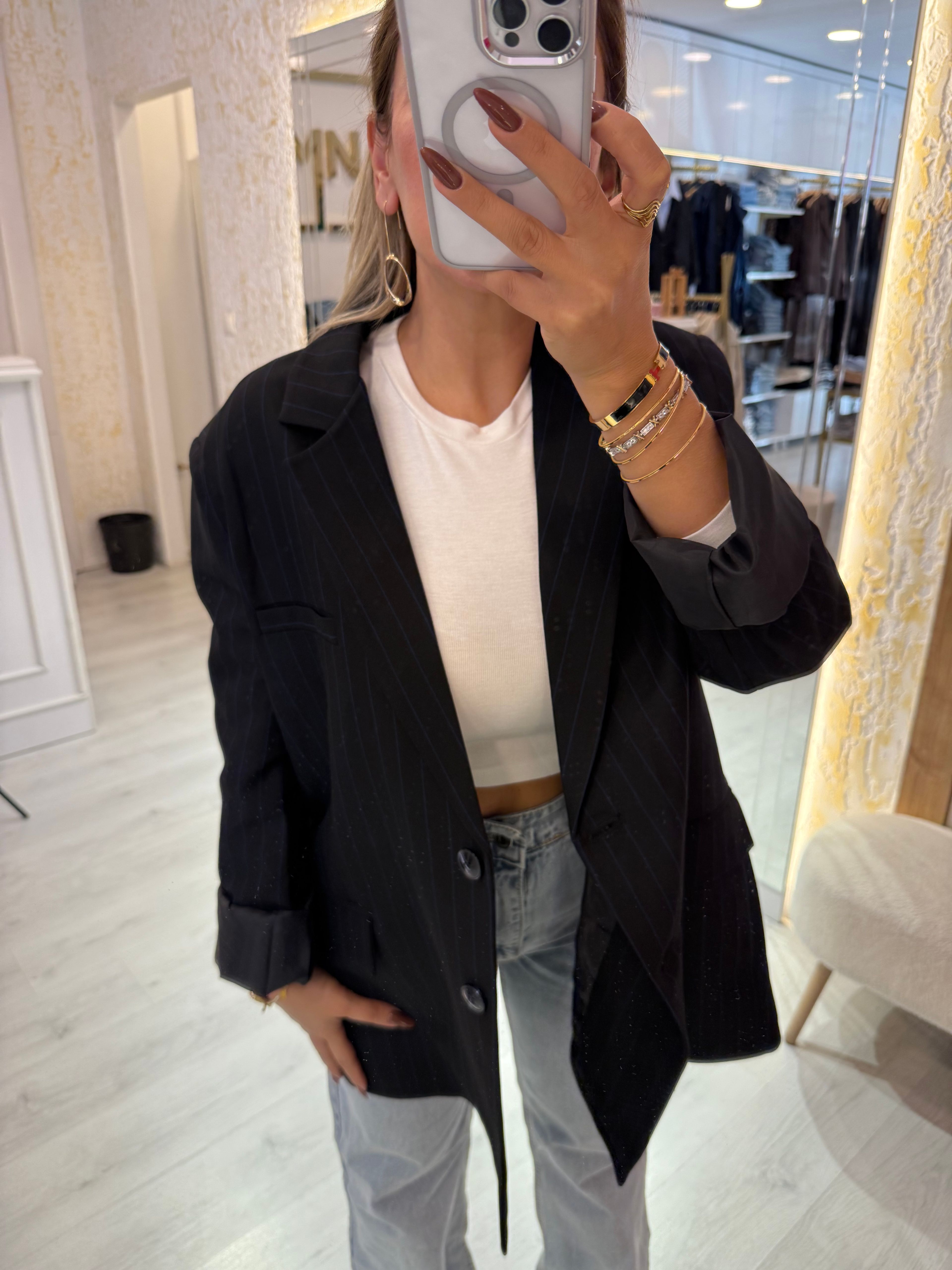 Oversize Siyah Çizgili Blazer