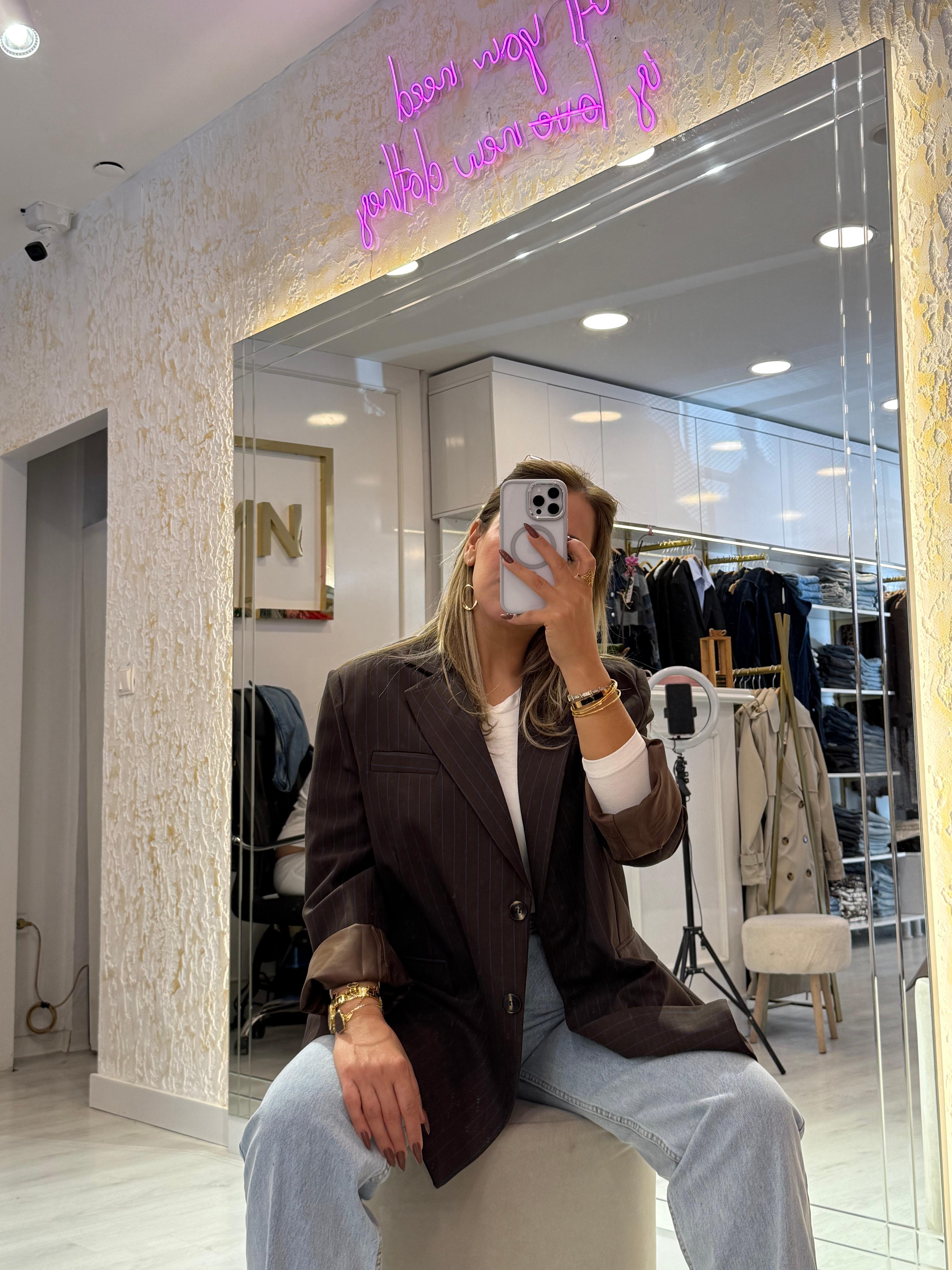 Oversize Acı Kahve Çizgili Blazer