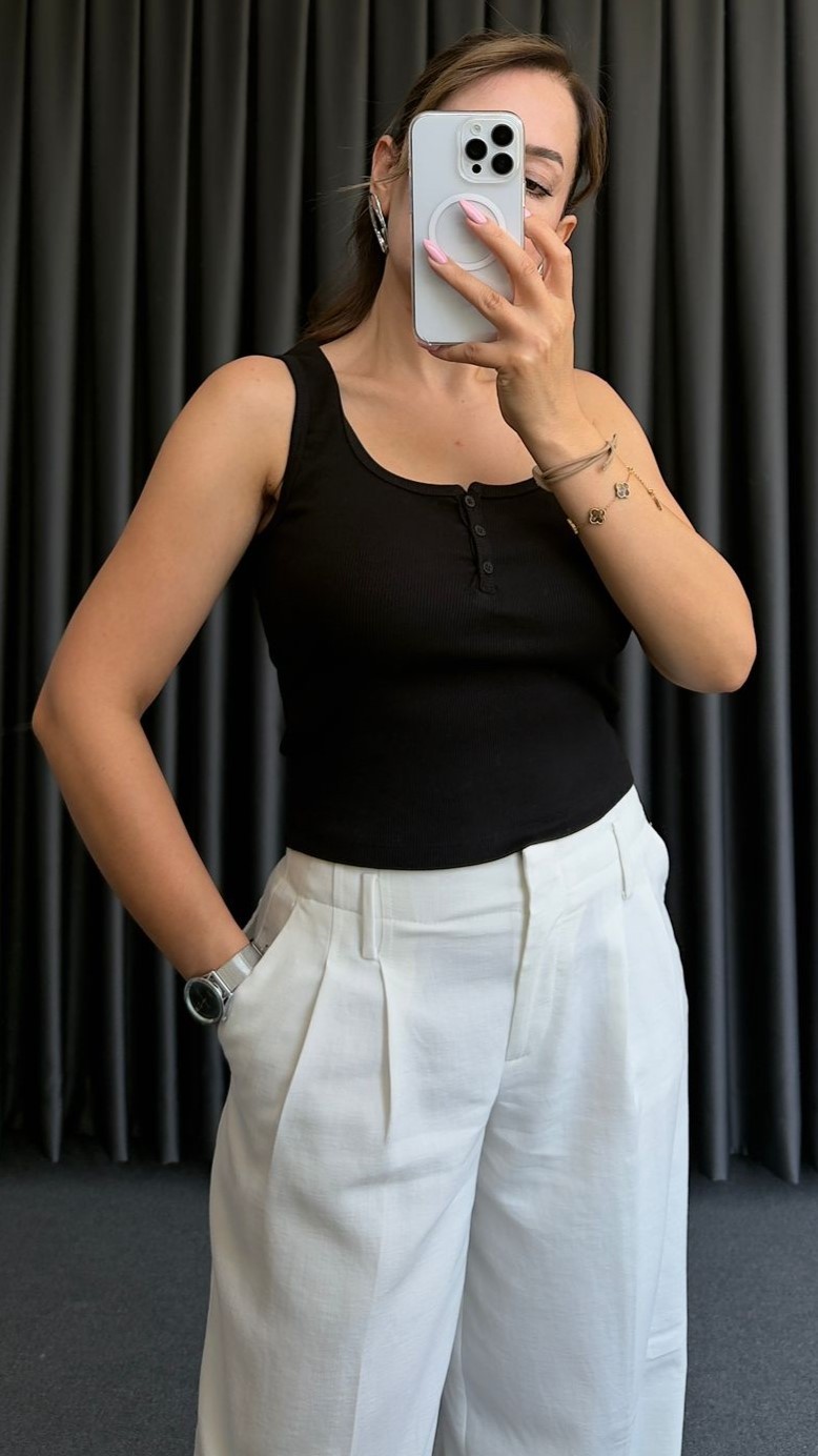 Düğmeli Kare Yaka Fitilli Crop - Siyah