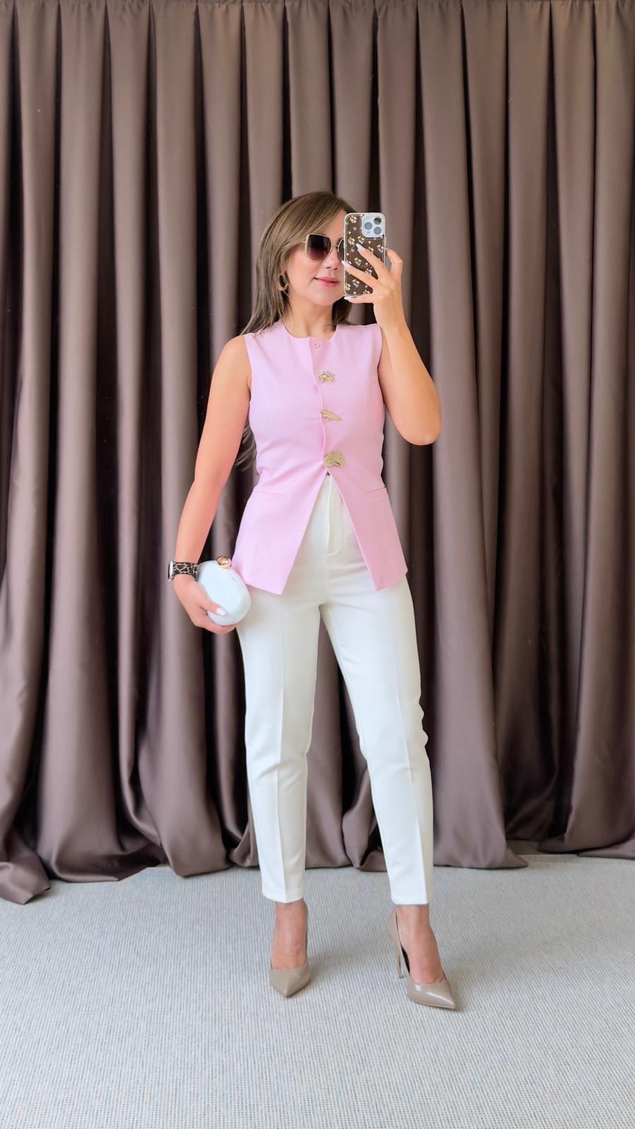 BROŞ DETAYLI YELEK - Pembe