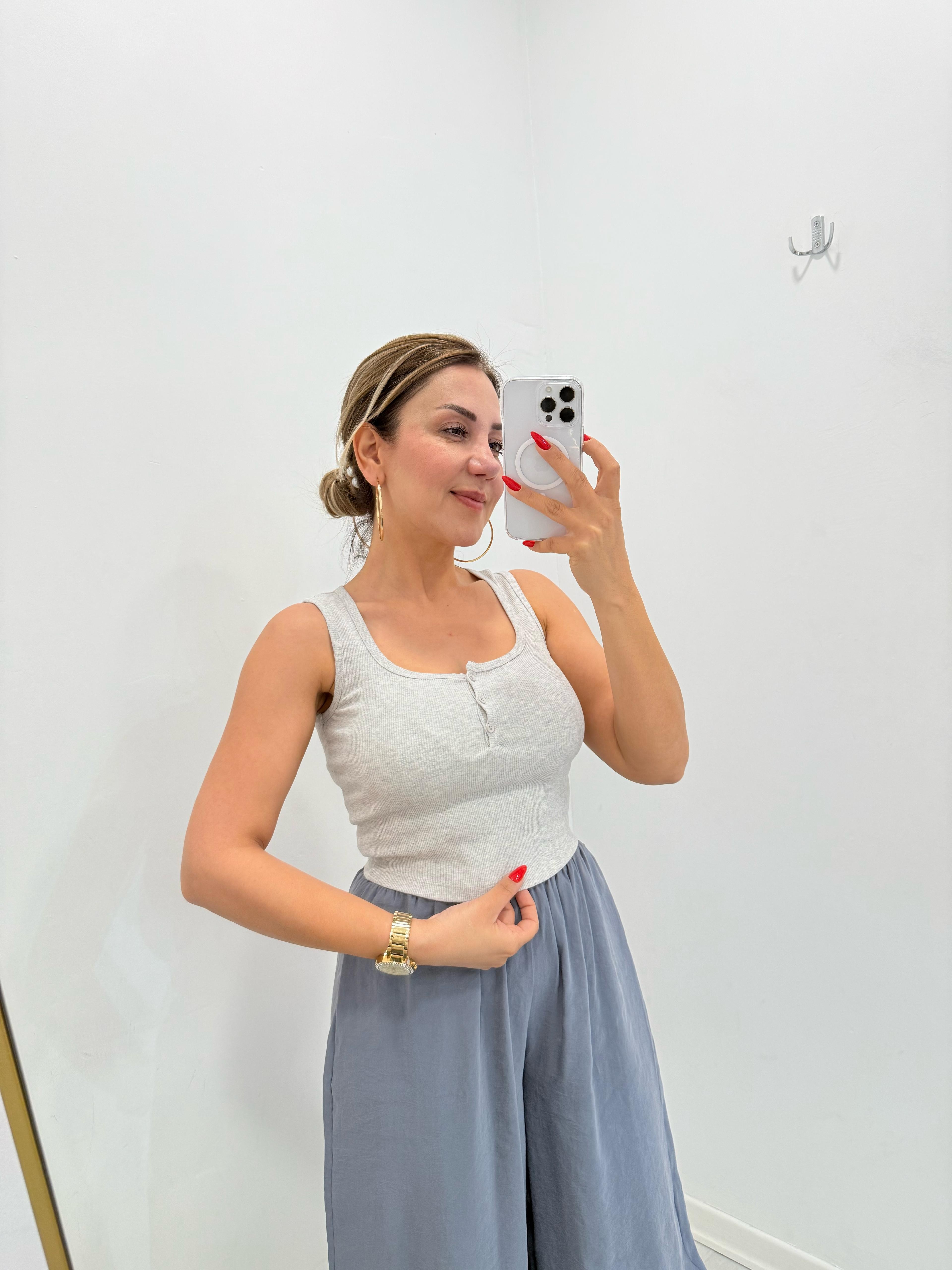 Düğmeli Kare Yaka Fitilli Crop